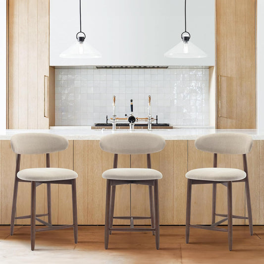 COLAMY Counter Height Bar Stools Set of 3, Kitchen Bar Stools with Back, Mid Century Modern Upholstered, with Wood Legs for Kitchen Island Dining Room, Beige
