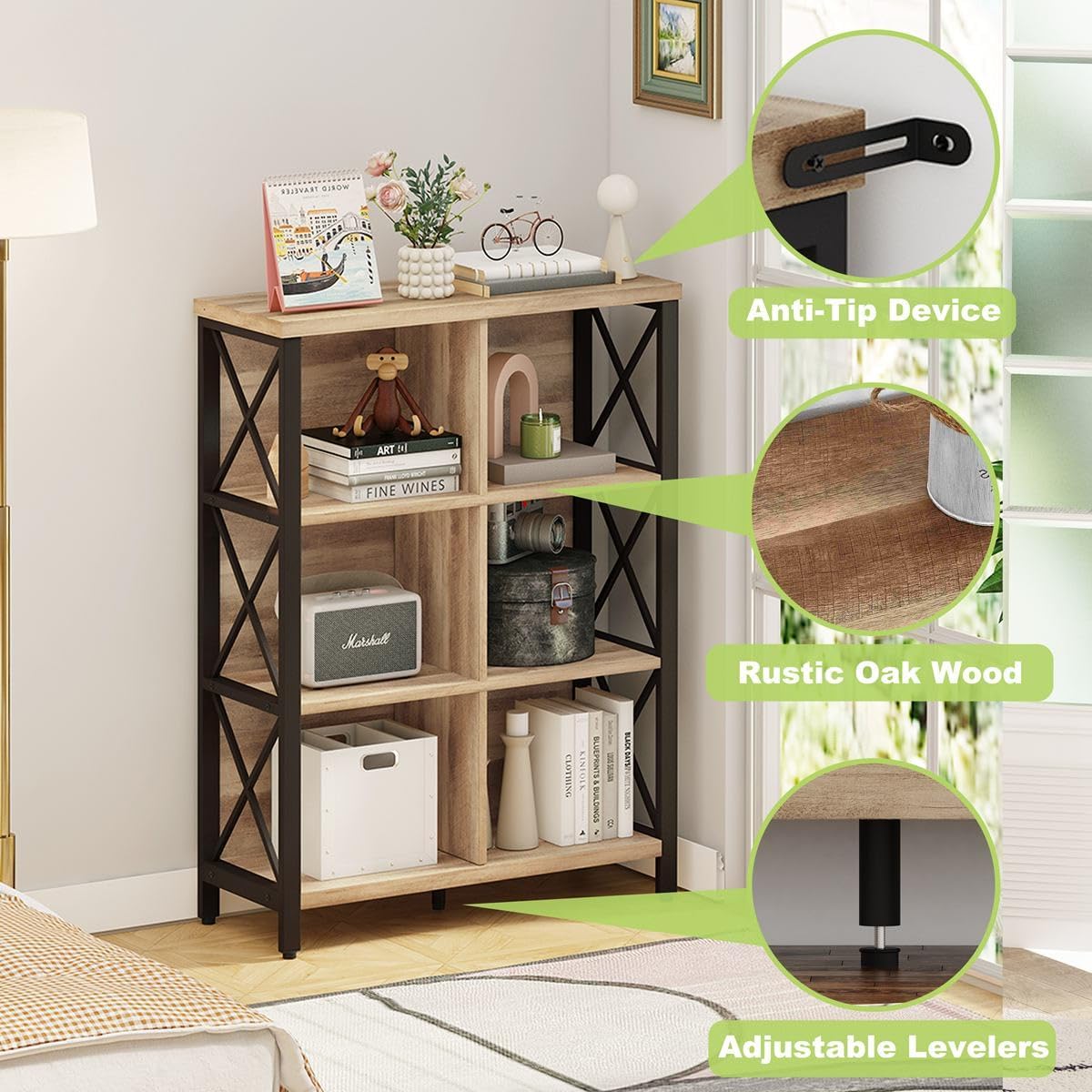 FATORRI 6 Cube Storage Organizer Shelf, Wood and Metal Cubby Bookcase, Industrial 4 Tier Cube Bookshelf (Rustic Oak)