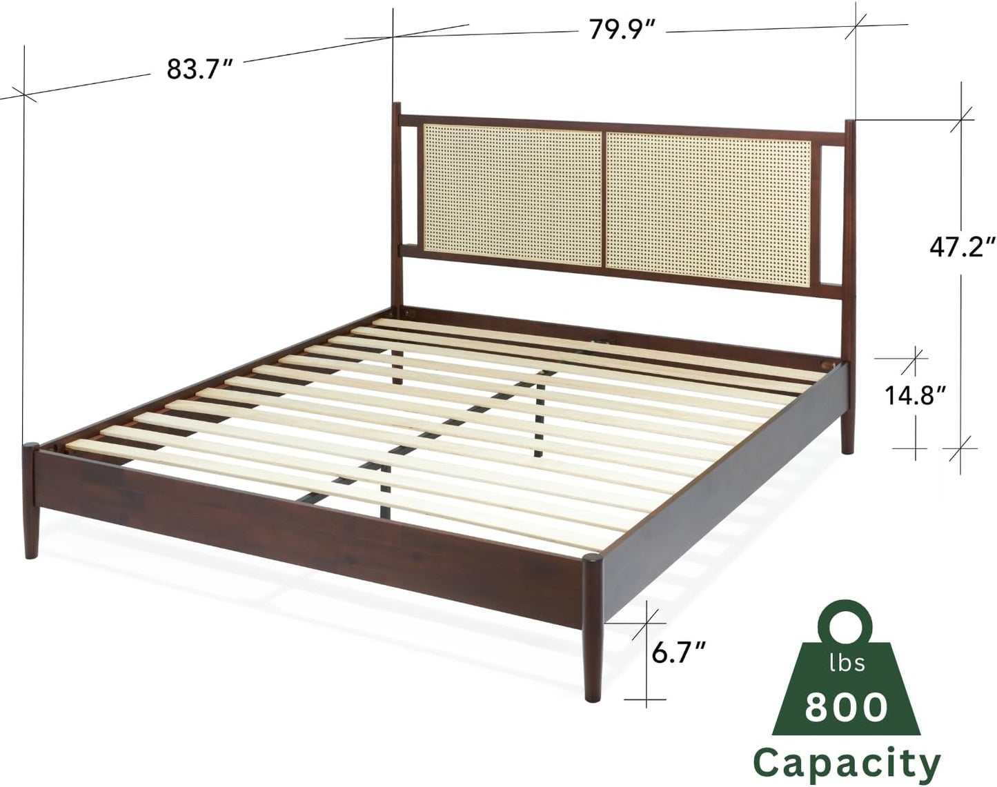 Bme Oliver King Bed Frame and Headboard - 15-Inch Signature Design with Rattan Headboard, Bohemian and Mid Century Style, 12-Slat Wood Support, No Box Spring Needed - Easy Assembly, Walnut