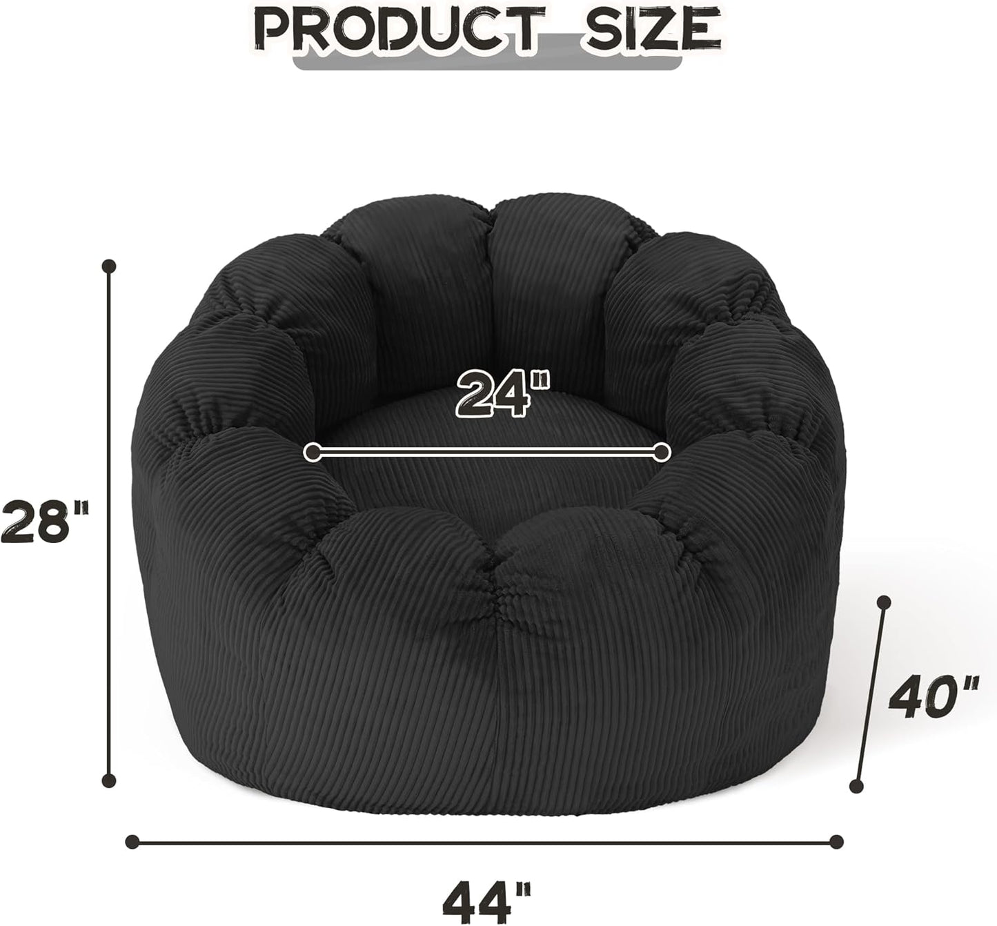 HABUTWAY Giant Bean Bag Chair for Adults/Kids/Teens, Pumpkin Bean Bag Couch Comfy Reading Chair for Bedroom, Corduroy Lazy Sofa Loughe Chair with Wider Seat Depth & Non-Slip Bottom (Black)