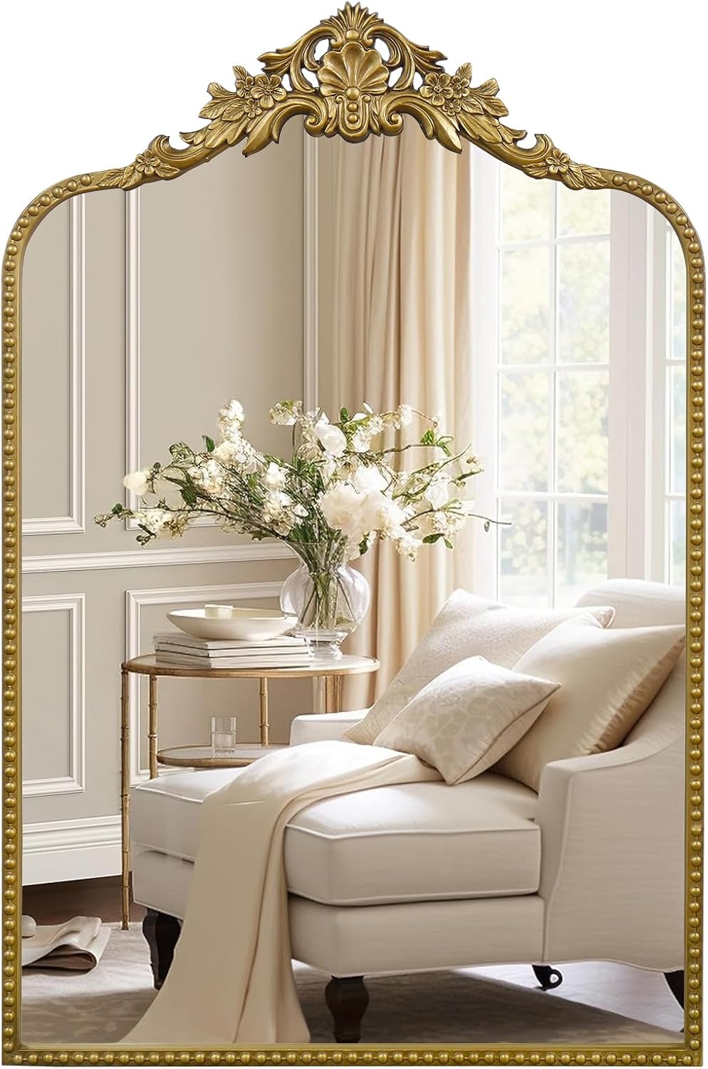 G-LEAF Vintage Baroque Mirror 24"X36",Arched Mantel Victorian Antique Farmhouse Mirror with Gold Ornate Metal Frame for Fireplace Entryway Living Room Hallway Bathroom