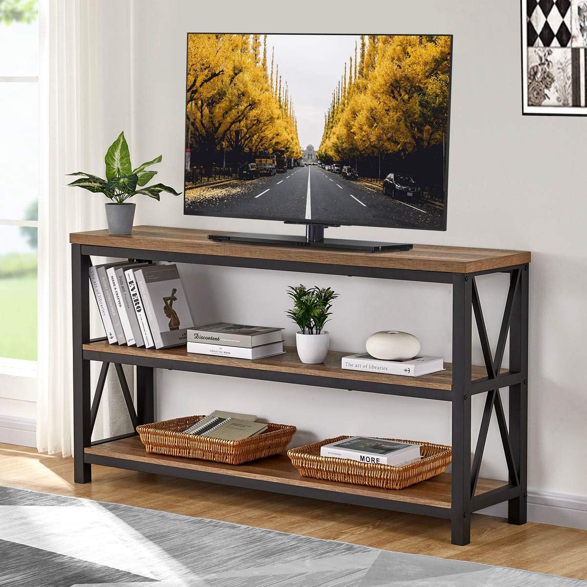 FATORRI Console Table for Entryway, Wood Sofa Table, Rustic Hallway Tables with 3-Tier Shelves for Living Room, Foyer (55 Inch, Rustic Oak)