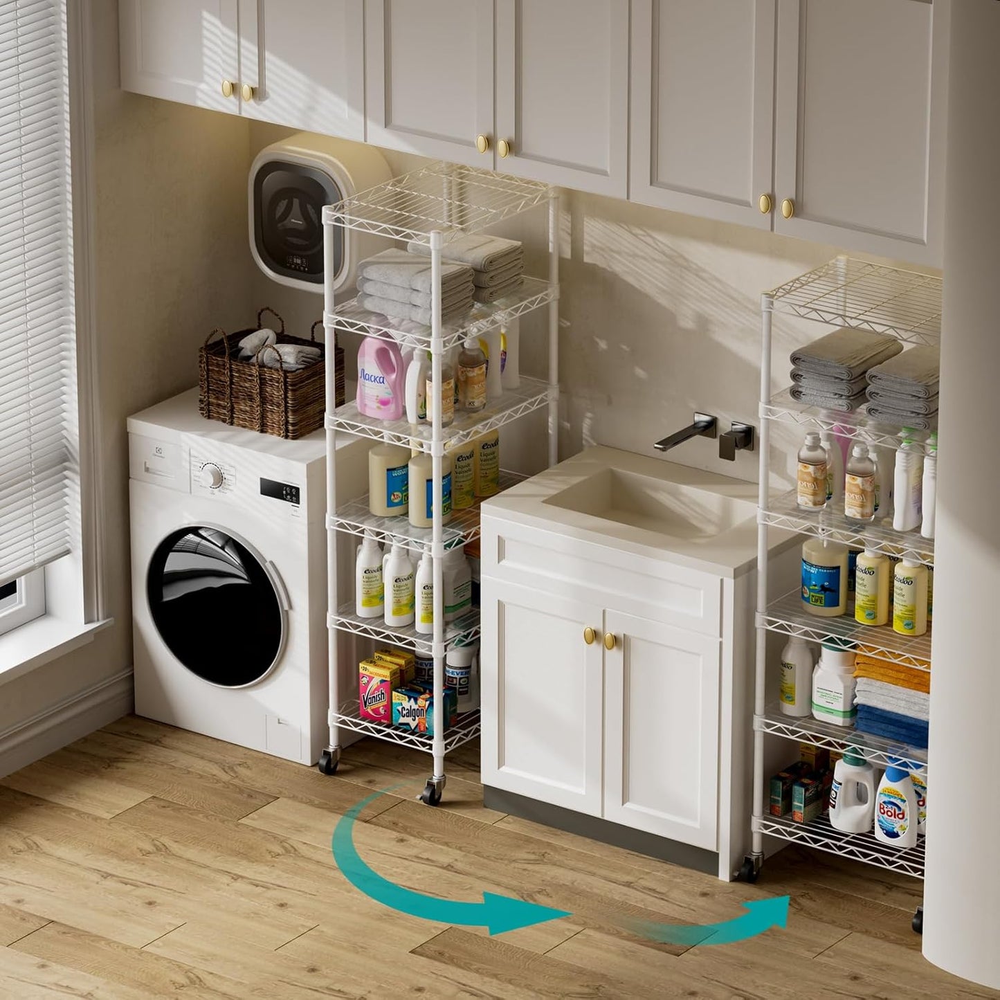 SINGAYE 6 Shelves Storage Shelf Wire Closet Bathroom Organizers Metal Pantry Kitchen Small Garage Shelving Unit Laundry Room Organization Home Narrow Rack Net Basket with Wheels White