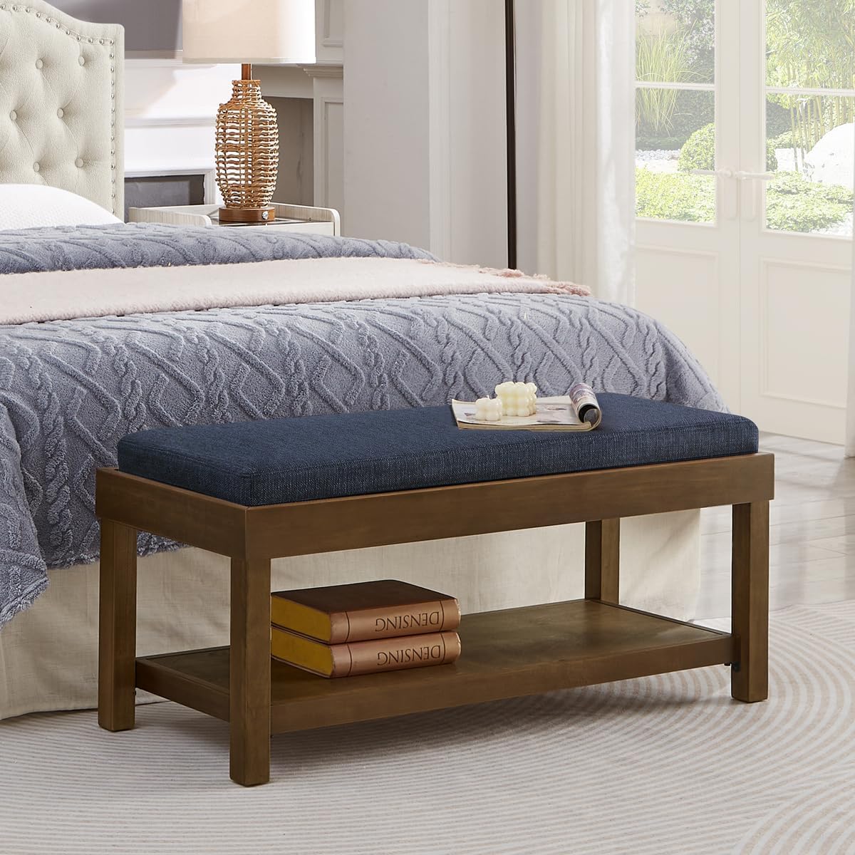 24KF Large Rectangular Storage Bench,Upholstered Seat Cushion,Ottoman Coffee Table with Navy Blue Removable Cushion for Living Room,Entryway Bench Bed Bench with Solid Wood Shelf,5069-Navy Blue