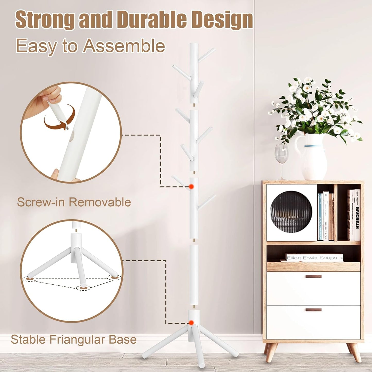 Wooden Coat Rack Stand, Freestanding Coat Rack with 8 Hooks, 3 Adjustable Size Coat Tree for Hats, Coats, Scarves bags, Coat Hanger Stand Used in Bedroom/Office/Entryway （White）