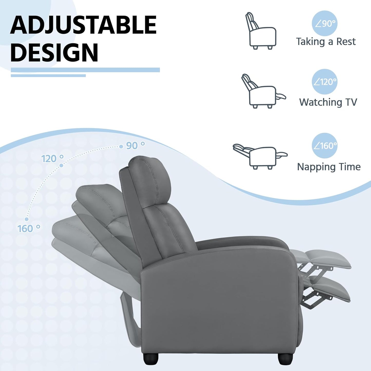 Yaheetech Recliner Chair PU Leather Recliner Sofa Home Theater Seating with Lumbar Support Overstuffed High-Density Sponge Push Silver Gray Recliners