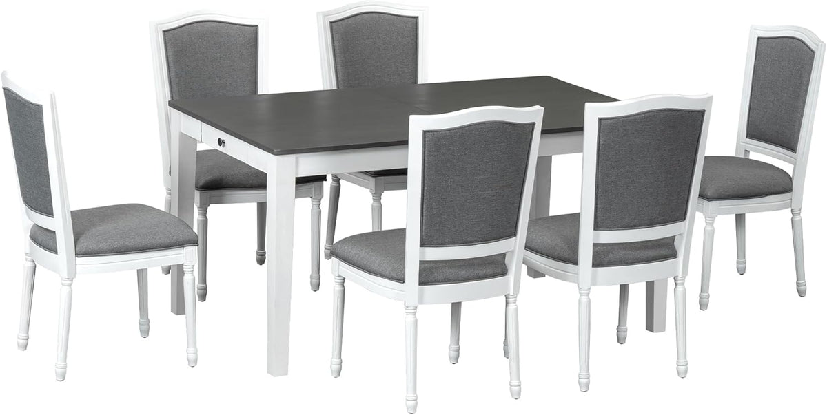 Merax Rustic 7 Piece 78.1inch Extendable Dining Table Set with 18inch Removable Leaf, 6 Upholstered Dining Chairs, 2 Built-in Drawers, Dark Gray+White