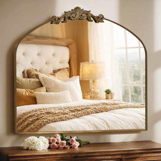 MISSDAY Vintage Retro Bronze Baroque Mirror for Wall, 36"X30" Arched Antique Wall Mirror with Elegant Carving Top, Full Metal Frame Wall-Mounted Mirror for Bathroom, Living Room, Fireplace, Entryway