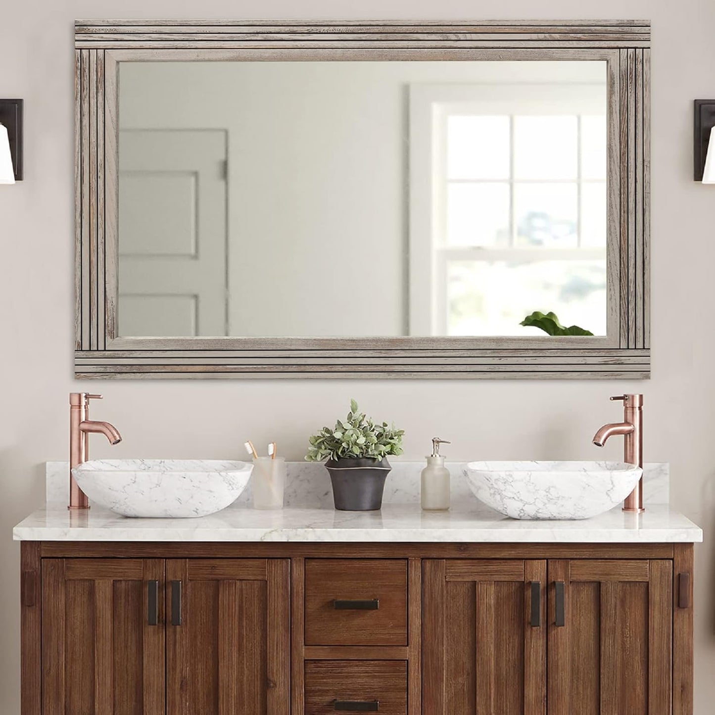 YOSHOOT Hand-Made Wooden Spliced Wall Mirror for Bathroom, Rustic Farmhouse Vanity Mirror, Décor Wall Art, Solid Wood Frame, Vertical or Horizontal Hanging, 53" x 28", Grey