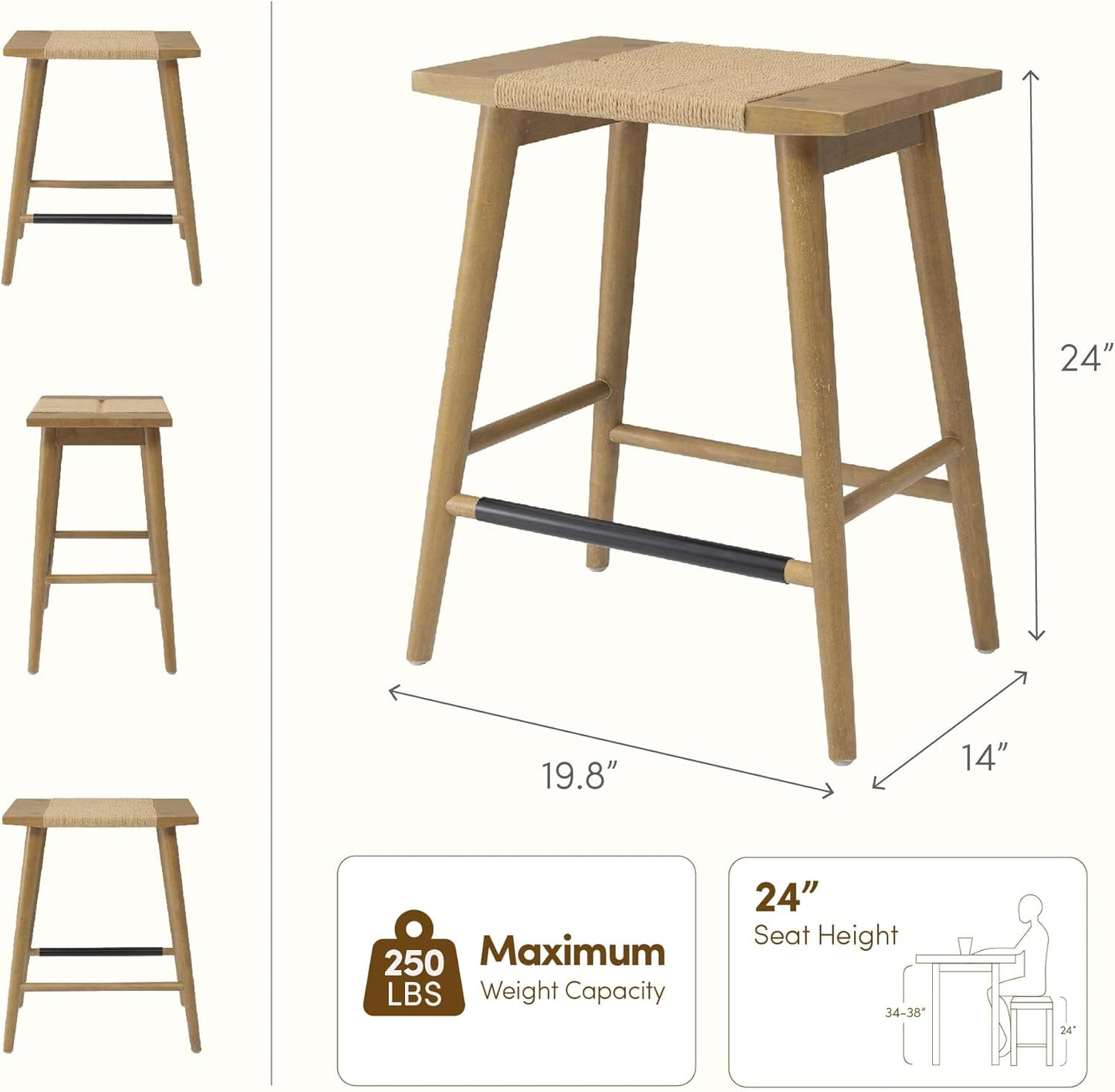 Thor Wicker Counter Height Wooden Counter Stool with Hand-Knitted Rope, K/D, Backless Island 24" Wicker Stool for Kitchen, Solid Wood, Eco-Friendly, Modern Design (Light Brown)