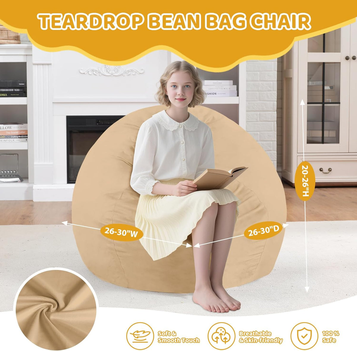 2FT Bean Bag Chair, Comfy Bean Bag Chairs with Memory Foam Filled, Fluffy Beanbag Sofa with Dutch Velvet Cover, Teardrop BeanBag Chairs for Living Room, Playroom - Khaki