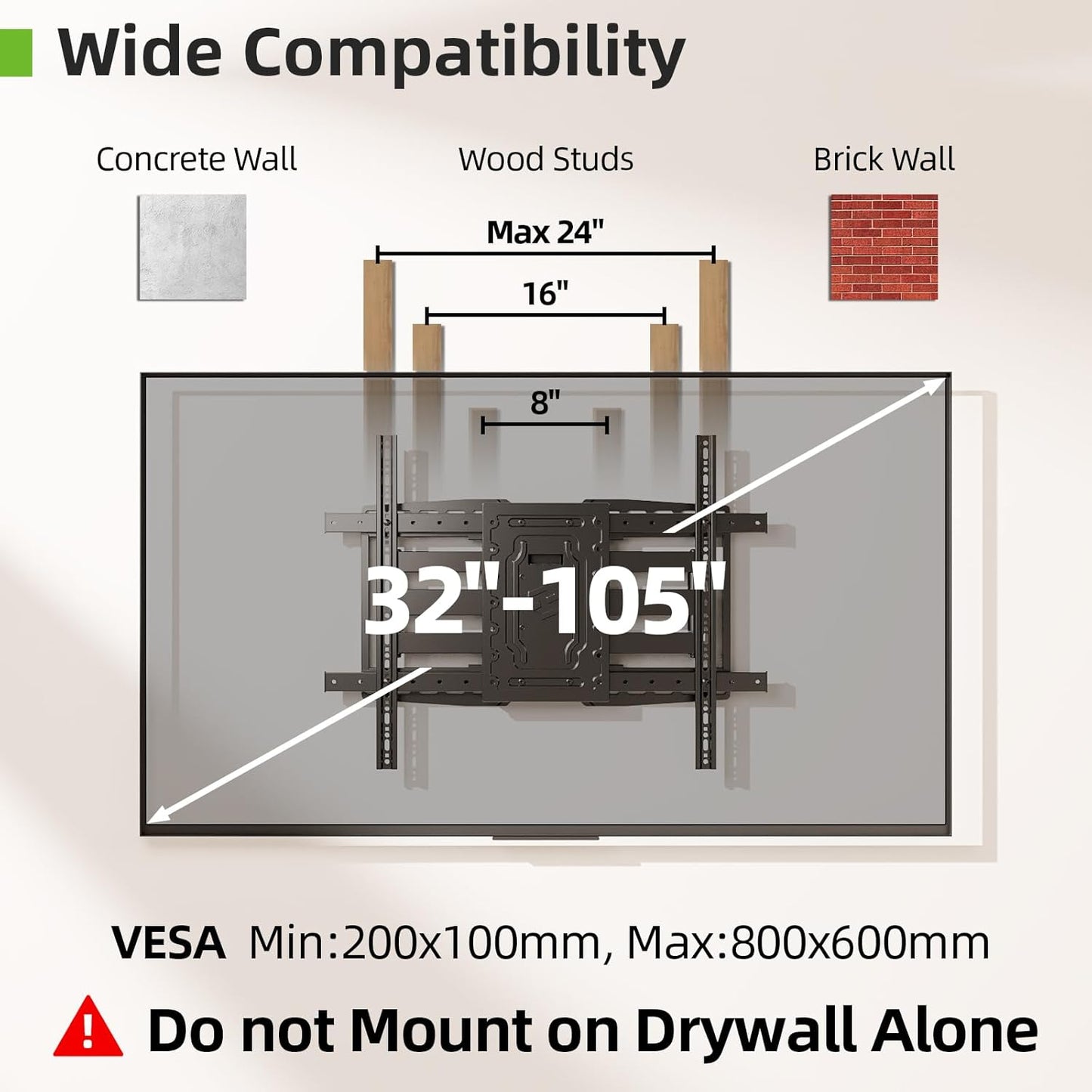 USX MOUNT Heavy Duty TV Wall Mount for 32-105" TVs up to 165lbs with 8" Sliding Design,Ultra-Large Mount for up to 24" Studs with Swivel,Tilt&Leveling,Pre-Assembled Monitor Bracket Max VESA 800x600mm