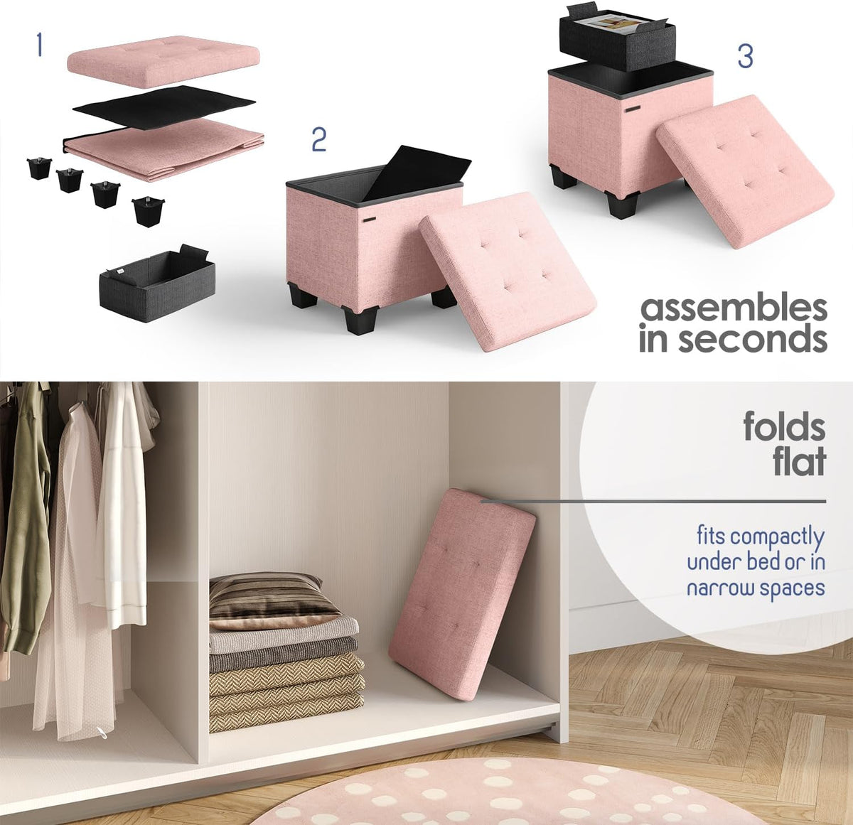 STORAGEBUD Storage Ottoman Cube with Small Bin, 16-in Square Ottoman with Storage for Living Room and Bedroom, Small Ottomans Foot Rest, Fabric Foot Stools Ottomans Max 330lbs, Pink