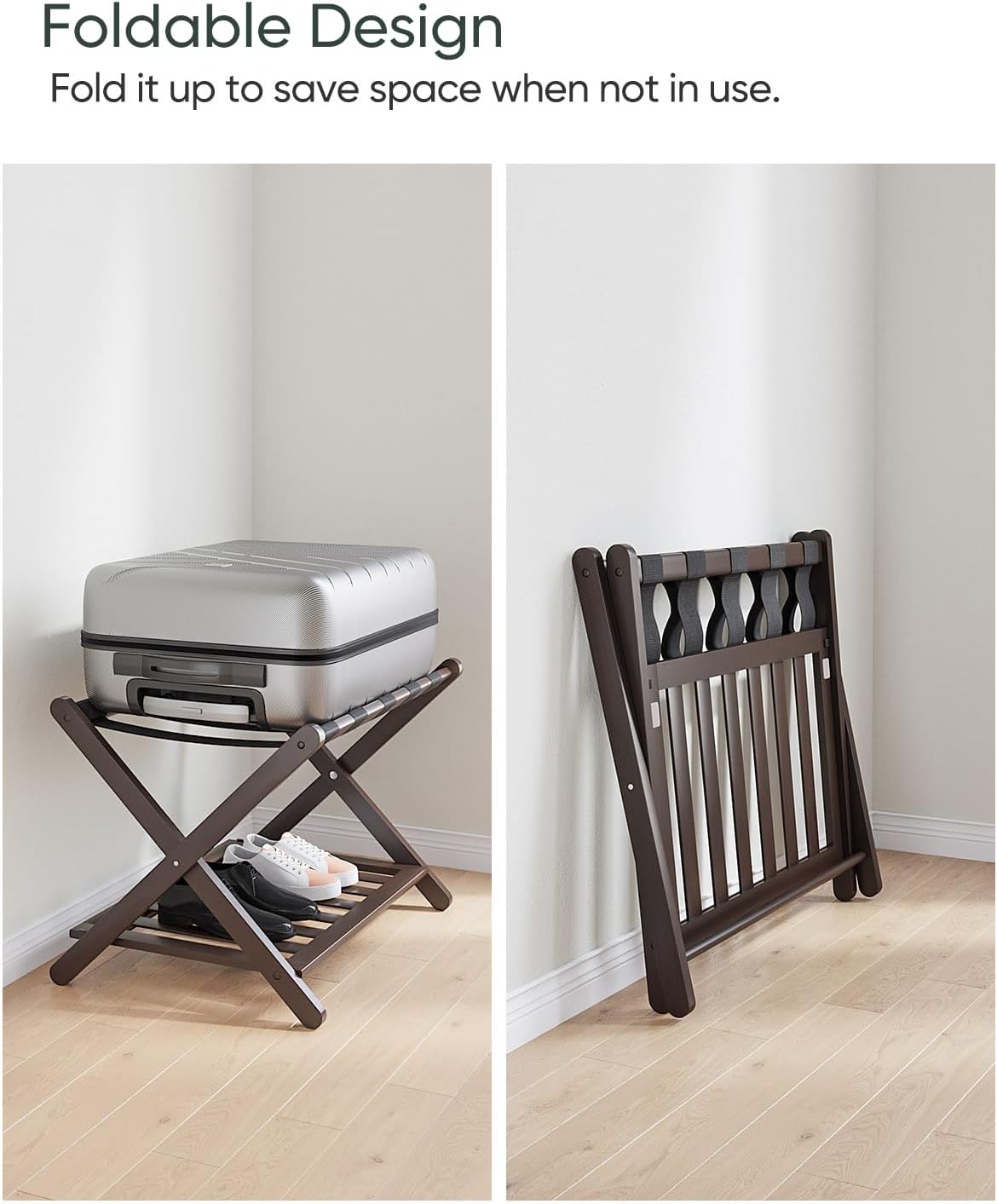 Fully Assembled Bamboo Luggage Rack, Folding Suitcase Stand with 5 Nylon Straps, Luggage Holders with Shelf, Ideal for Guest Room, Bedroom, Hotel, Espresso