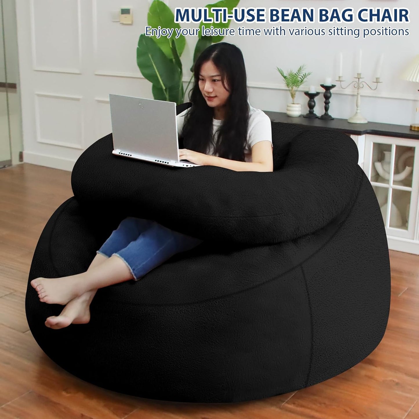 HABUTWAY Bean Bag Chair with U-Shaped Pillow for Adult and Kids Big BeanBag Chair with Filling Ultra Soft Faux Fur Couch Chair with Washable Cover for Living Room Bedroom Office, Black & Black