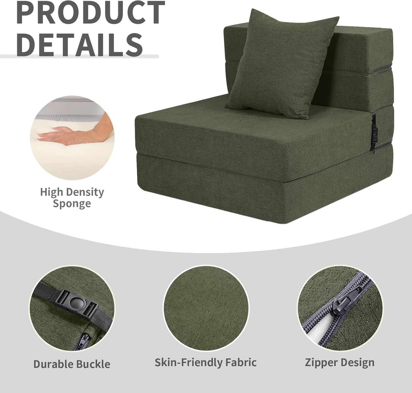 High-Density Memory Foam Folding Sofa Bed with Fluffy Pillow, Single Size, Green