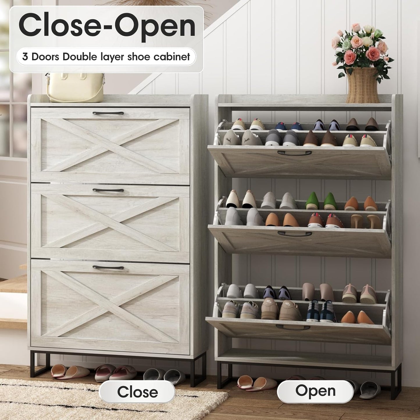 Maupvit Shoe Storage Cabinet with 3 Flip Drawers, Freestanding Organizer with Metal Legs for Entryway, Narrow Shoe Rack Cabinet, Beige