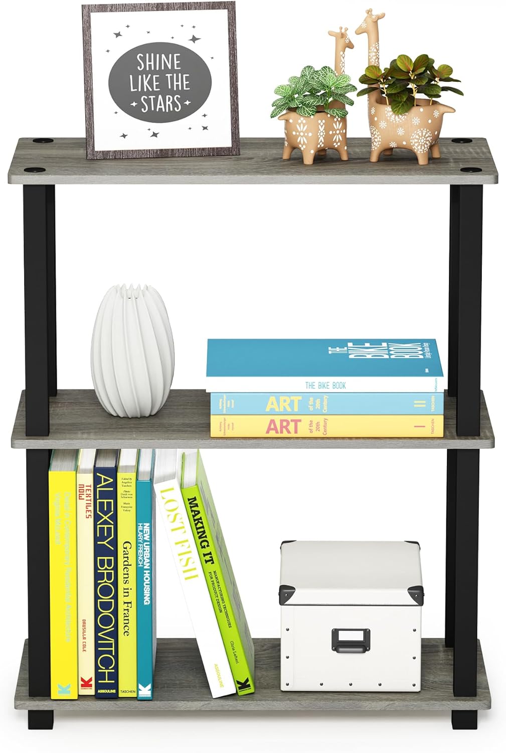 Furinno Turn-S-Tube 3-Tier Compact Multipurpose Shelf Display Rack with Square Tube, French Oak Grey/Black