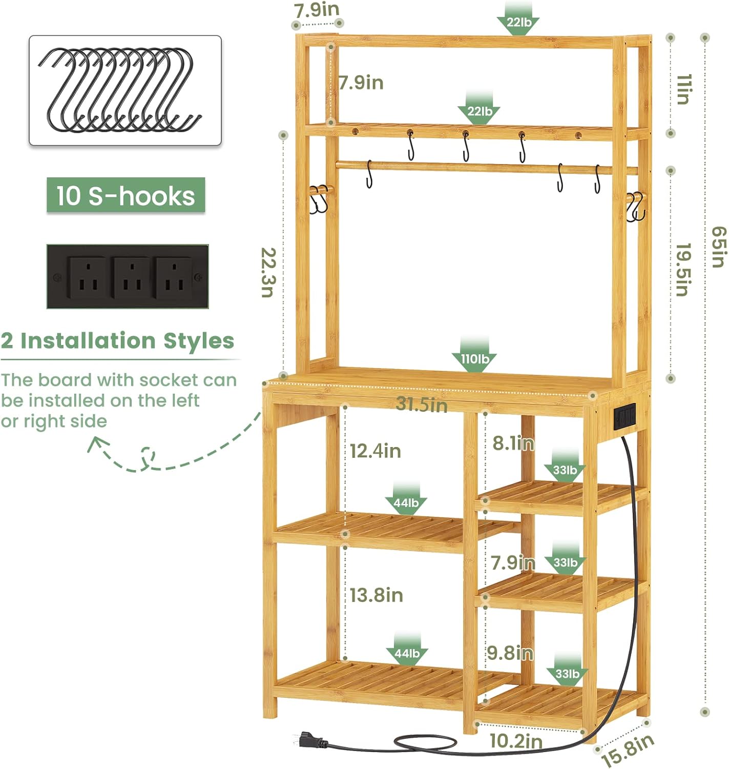 Bakers Rack with Power Outlets, 8-Tier Microwave Stand, Kitchen Utility Storage Shelf 10 S-Shaped Hooks, Coffee Bar Table Station, Standing Rack, 31.5 x 15.7 x 65 Inches, Bamboo