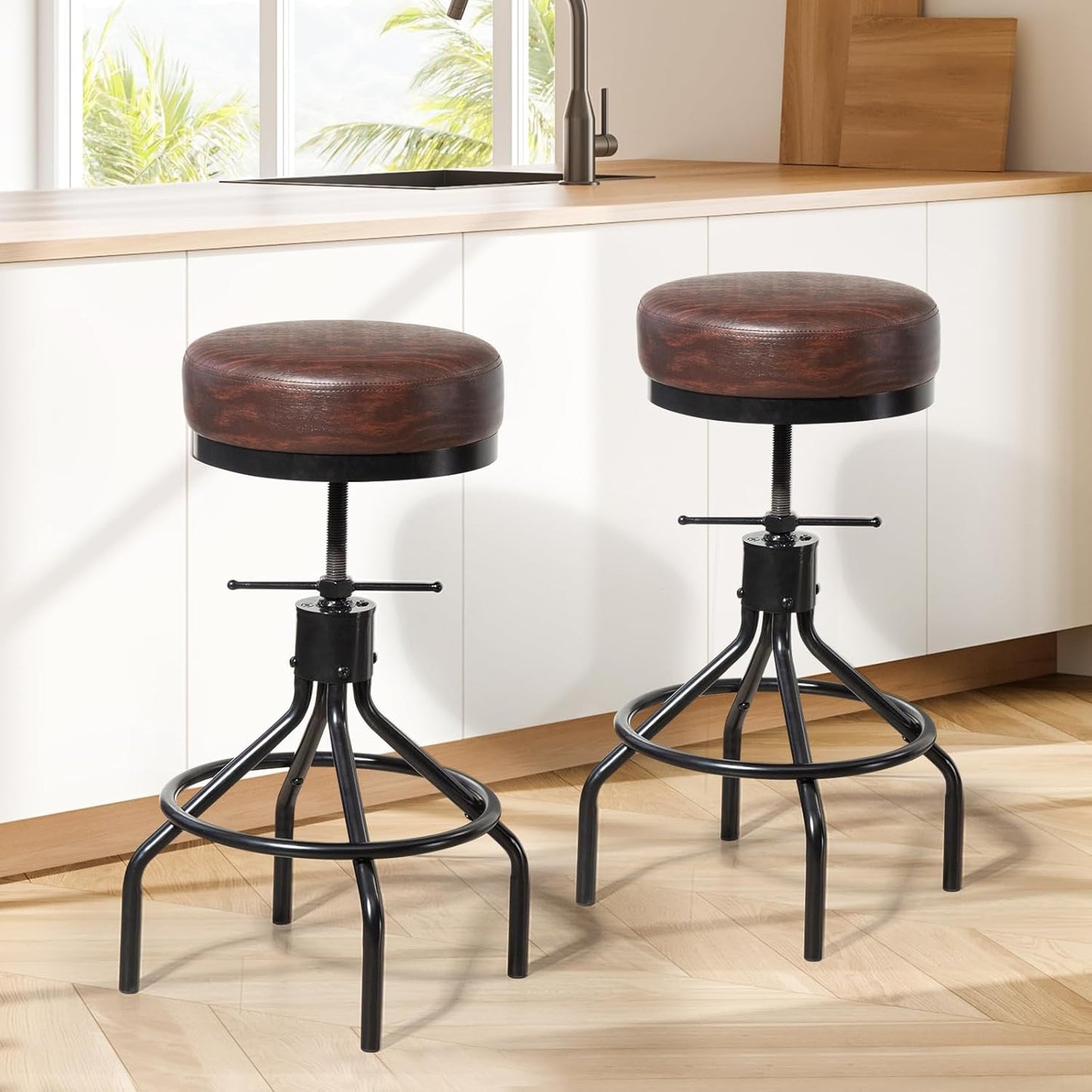 Counter Height Bar Stool Adjustable Swivel Round Barstools Modern PU Leather 28inch Backless Metal Industrial Stool Bar Chair for Kitchen Island (1, Walnut)