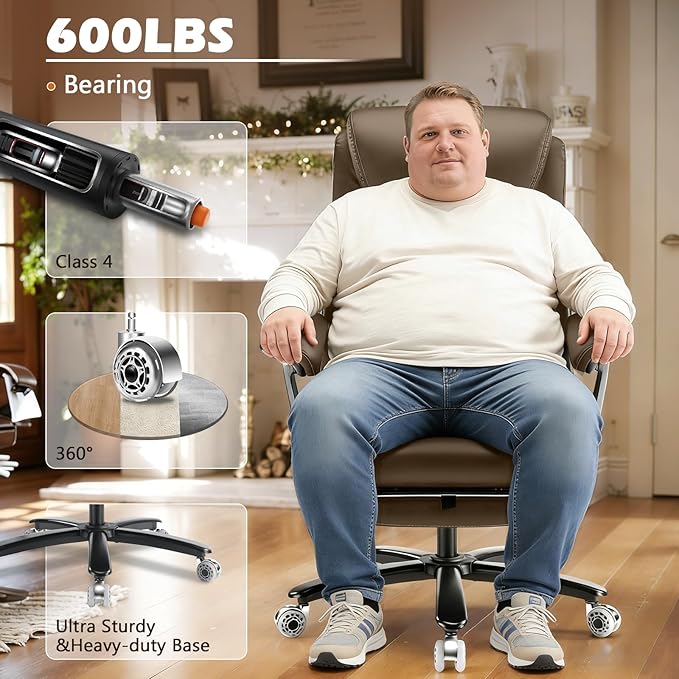 600LBS Reclining Heavy Duty Office Chair with Foot Rest, Big and Tall Office Chair with Pocket Spring Cushion, Large High Back with Adjustable Lumbar Support,Dual Rubber Wheel