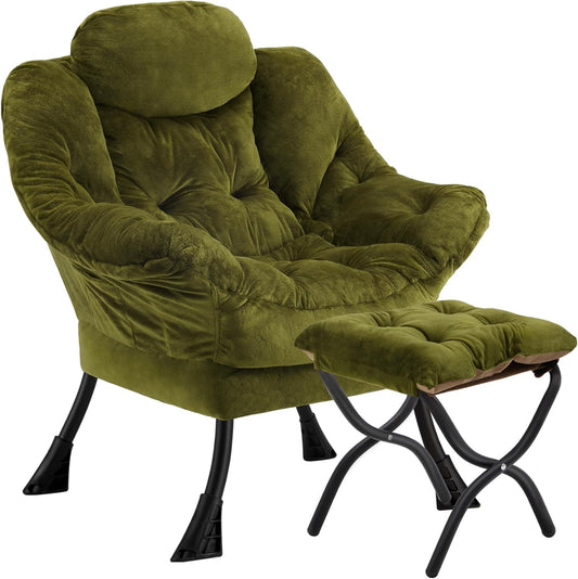 Lazy Chair with Folding Ottoman,Leisure Sofa Chair,Soft Fabric Armchair with Armrests and Side Pockets, Reading Chair with Footrest for Living Room, Bedroom, Office (Plush Green)