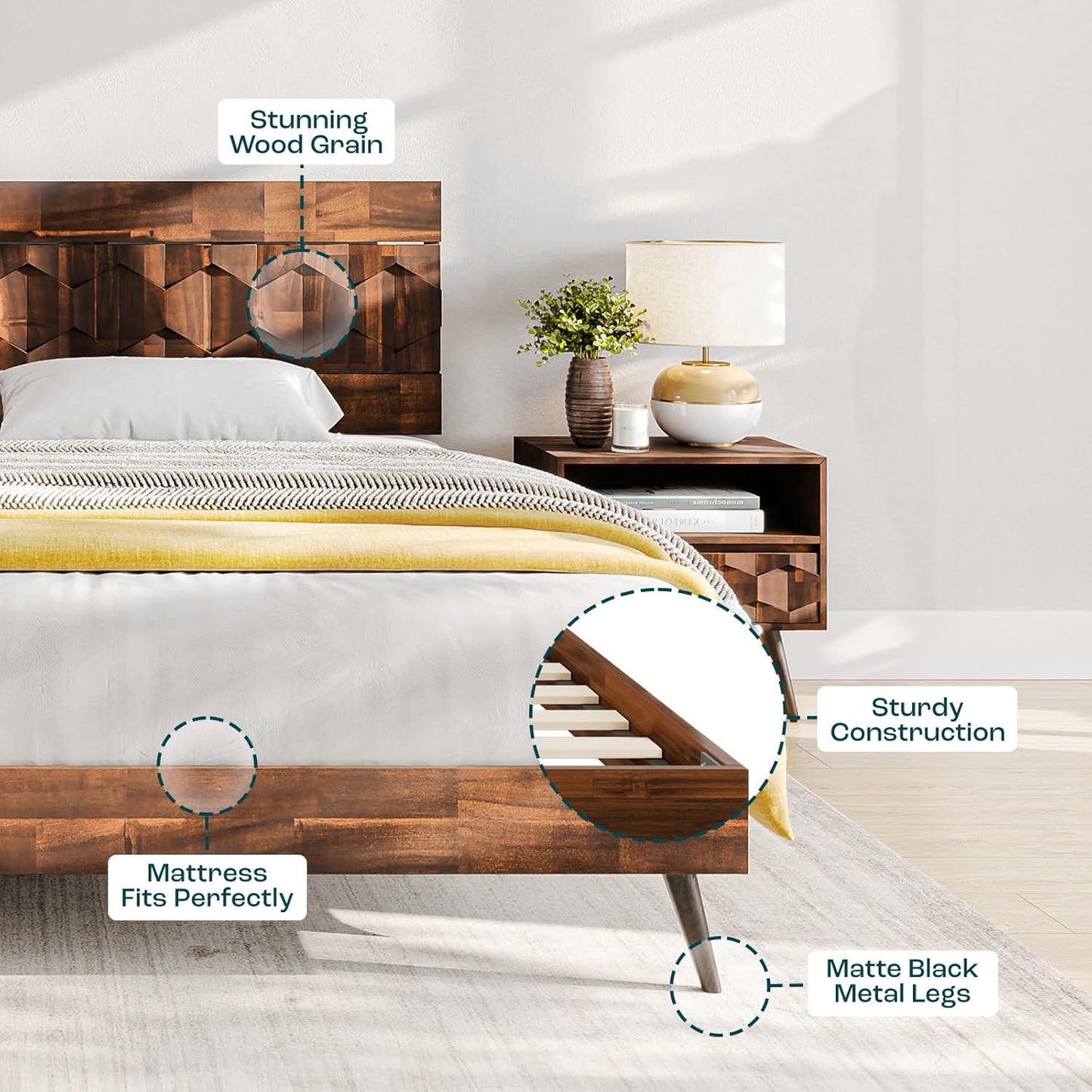 Bme Georgina Signature Dark Choco Bed Frame, King Bed Frame and Headboard Handcrafted Geometric, Mid Century Modern, Solid Acacia Wood, No Box Spring Needed, 12 Wood Slats Support, Easy Assembly