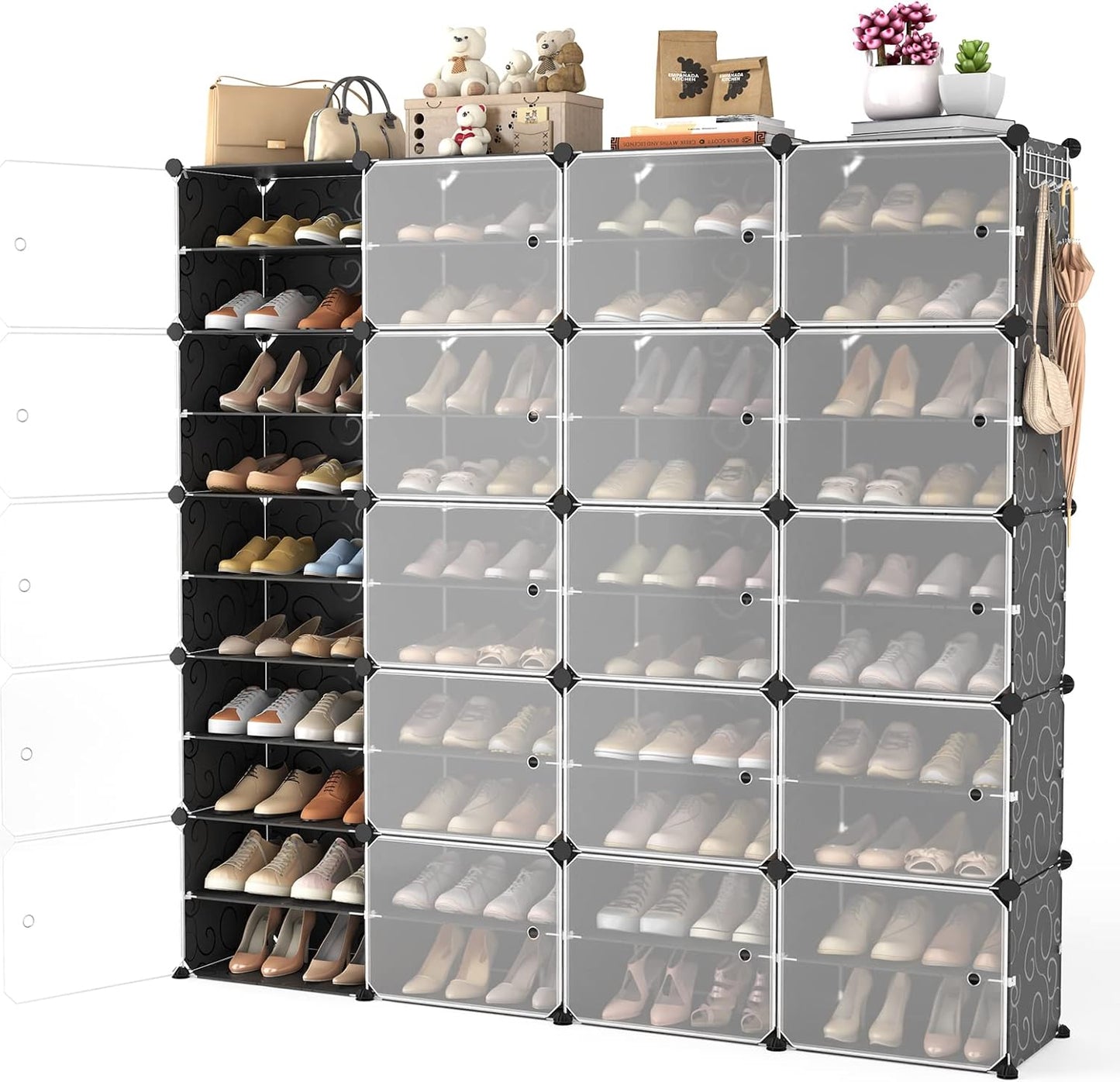 Portable Shoe Rack Organizer with Door, 80 Pairs Shoe Storage Cabinet Easy Assembly, Plastic Adjustable Shoe Storage Organizer Stackable Detachable Free Standing DIY Expandable 10 Tier Black