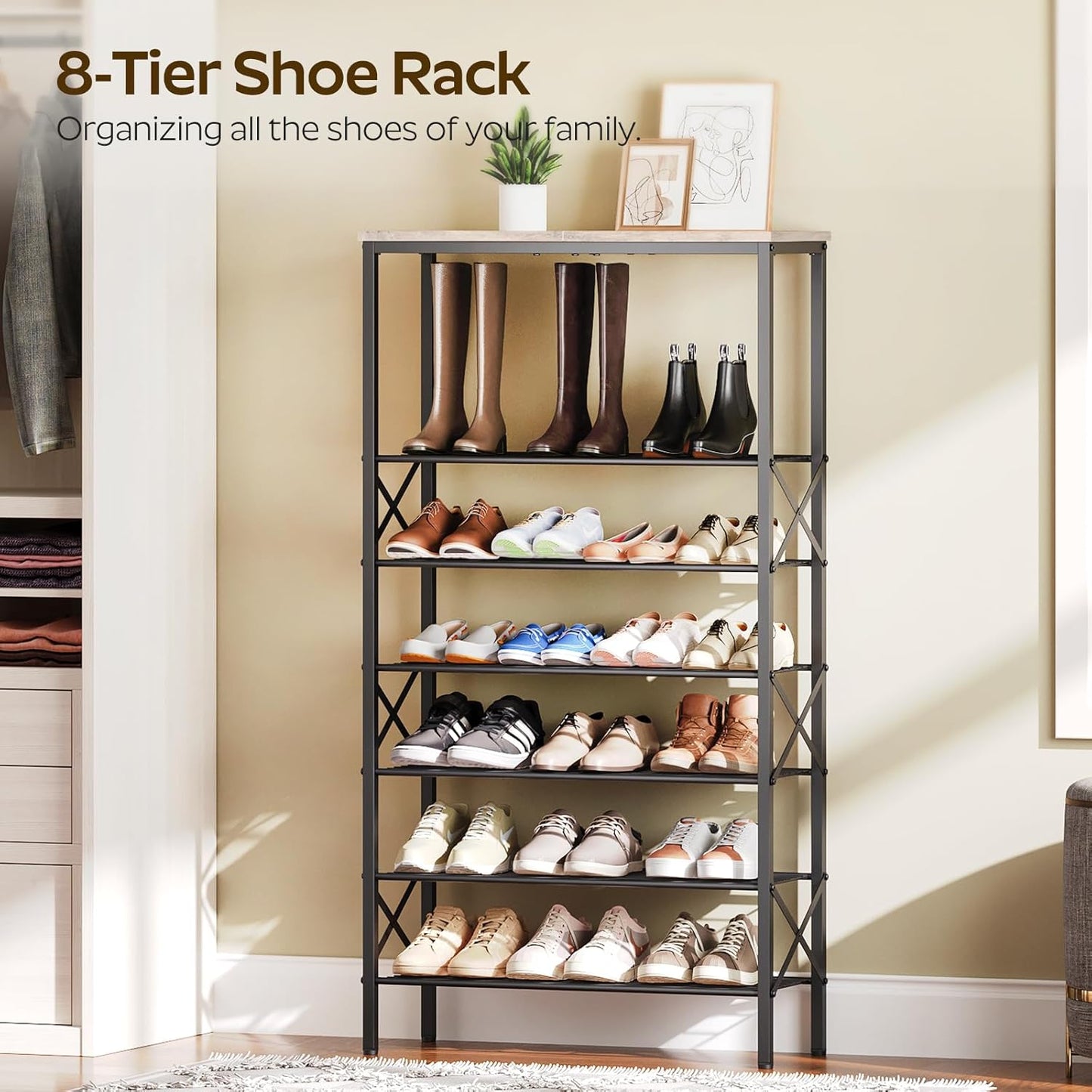 8 Tier Shoe Rack, Shoe Storage Organizer, Large Capacity Shoe Shelf Holds 32 Pairs of Shoes, Durable and Stable, for Entryway, Hallway, Closet, Dorm Room, Greige and Black SS08BG
