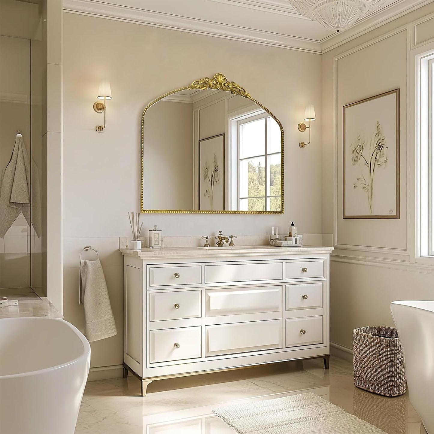 G-LEAF Vintage Baroque Mirror 40"X30",Victorian Antique Mirror, Farmhouse Mantel Mirror with Black Brush Gold Ornate Metal Frame for Fireplace Entryway Living Room Hallway Bathroom