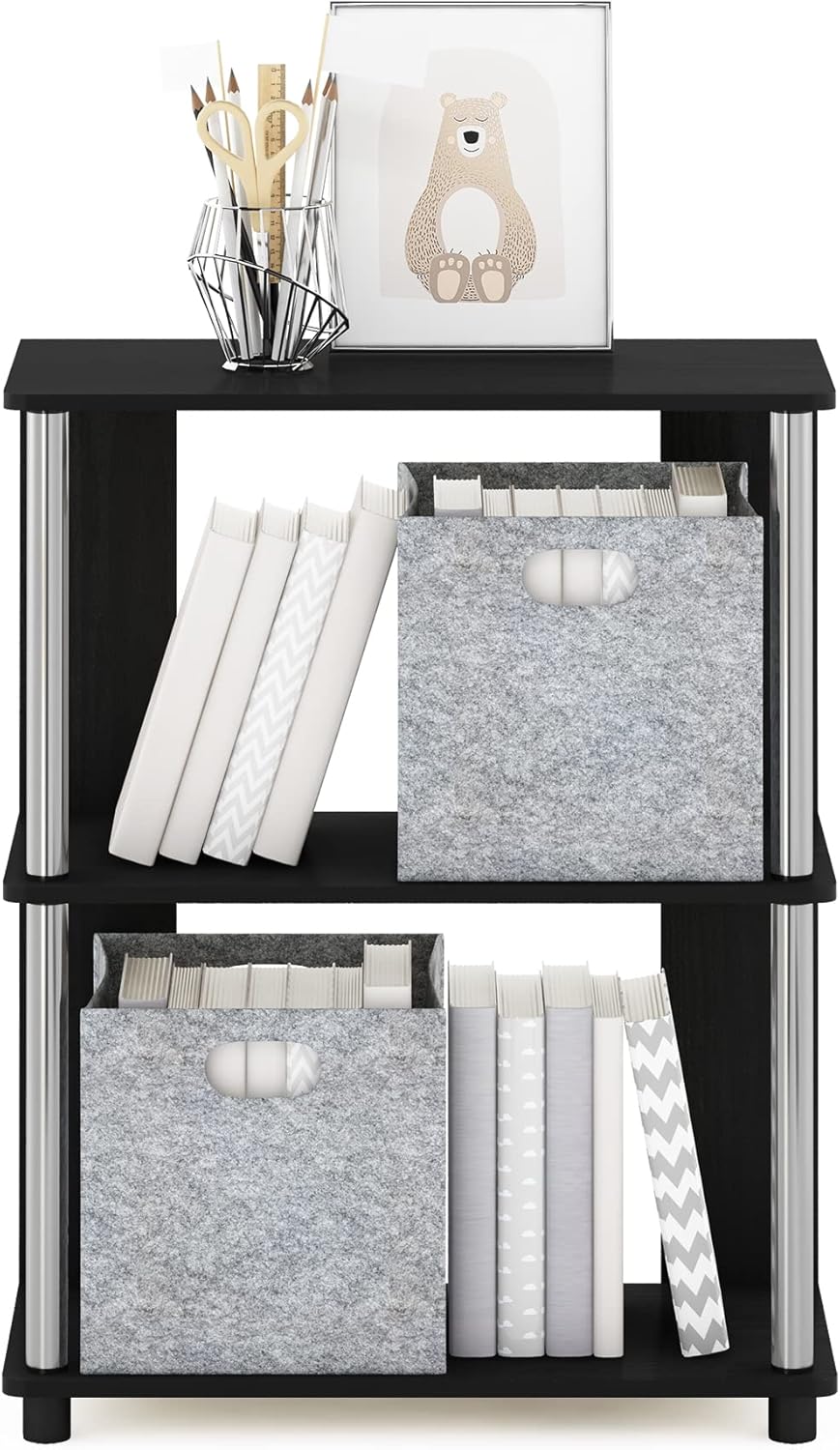 Furinno Jaya Simple Design 3-Tier Bookcase/Bookshelf/Display Rack with Stainless Steel Tubes, Americano