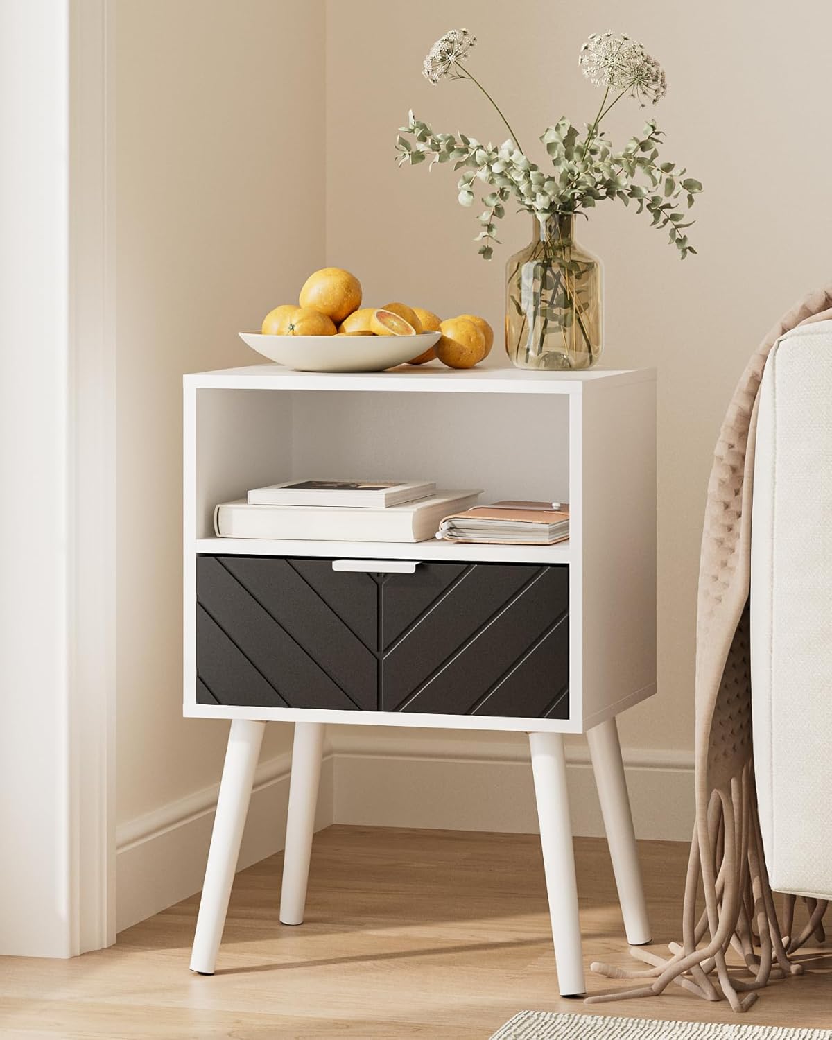 Nightstand,Bedside Table with Gold Frame, White Night Stand, Modern Bedside Furniture,End Table with Drawer and Shelf for Bedroom,Living Room
