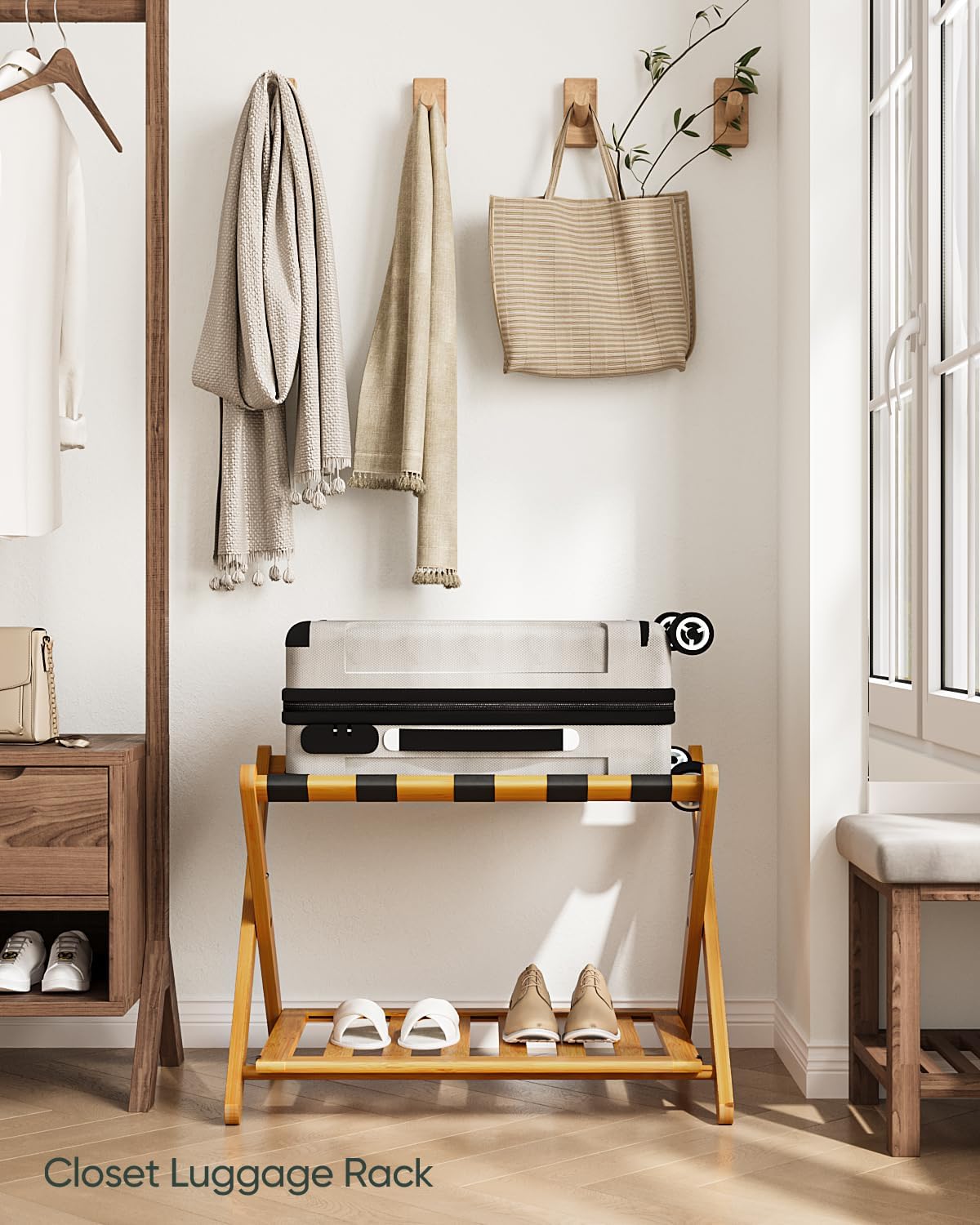 Fully Assembled Bamboo Luggage Racks, Foldable Suitcase Stand with 5 Nylon Straps, Luggage Stand with Shoe Shelf Ideal for Guest Room, Bedroom, Hotel, Honey Oak