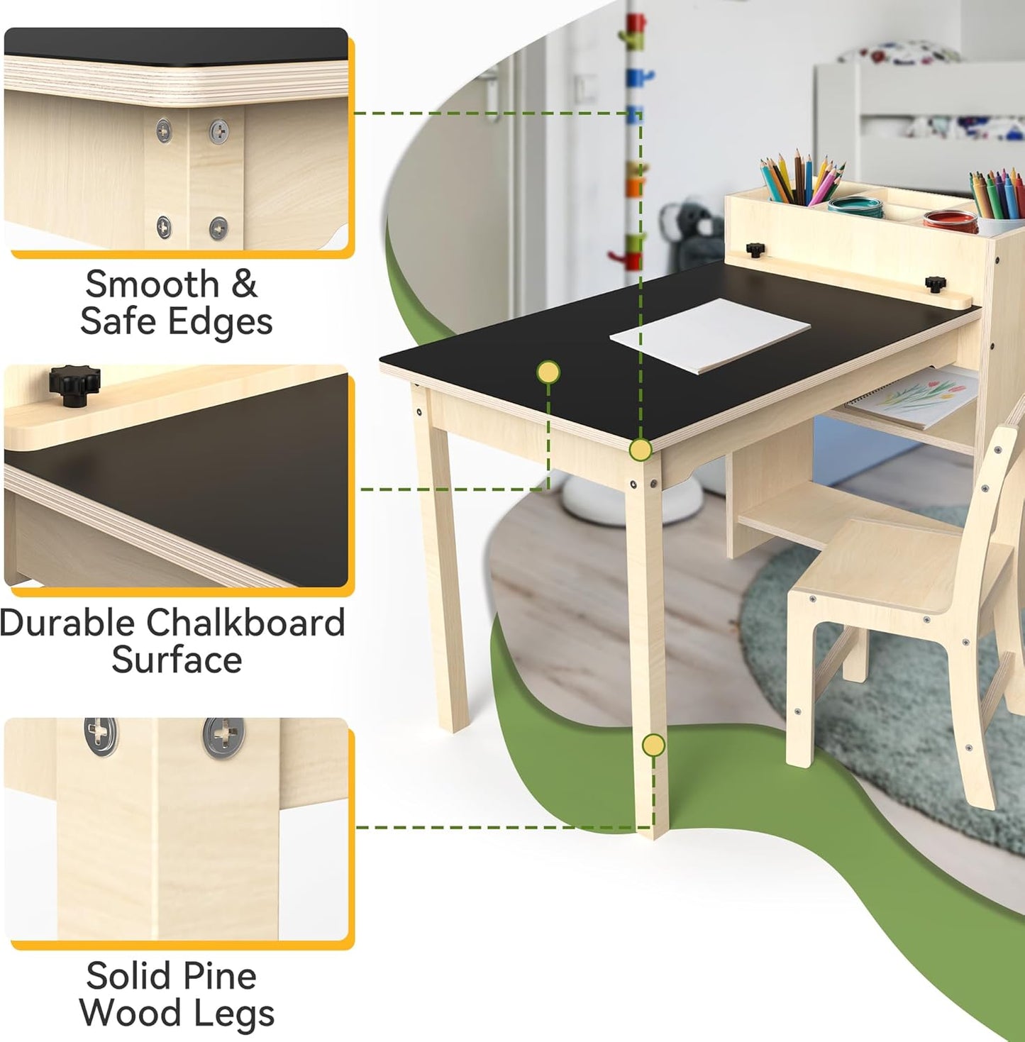 Kids Art Table and Chair Set, Sturdy Beech Wood Study Desk for Children’s Drawing, Learning & Play - Multi-Functional Activity Table for Home,Toddler Desk with Storage and 1 Chair