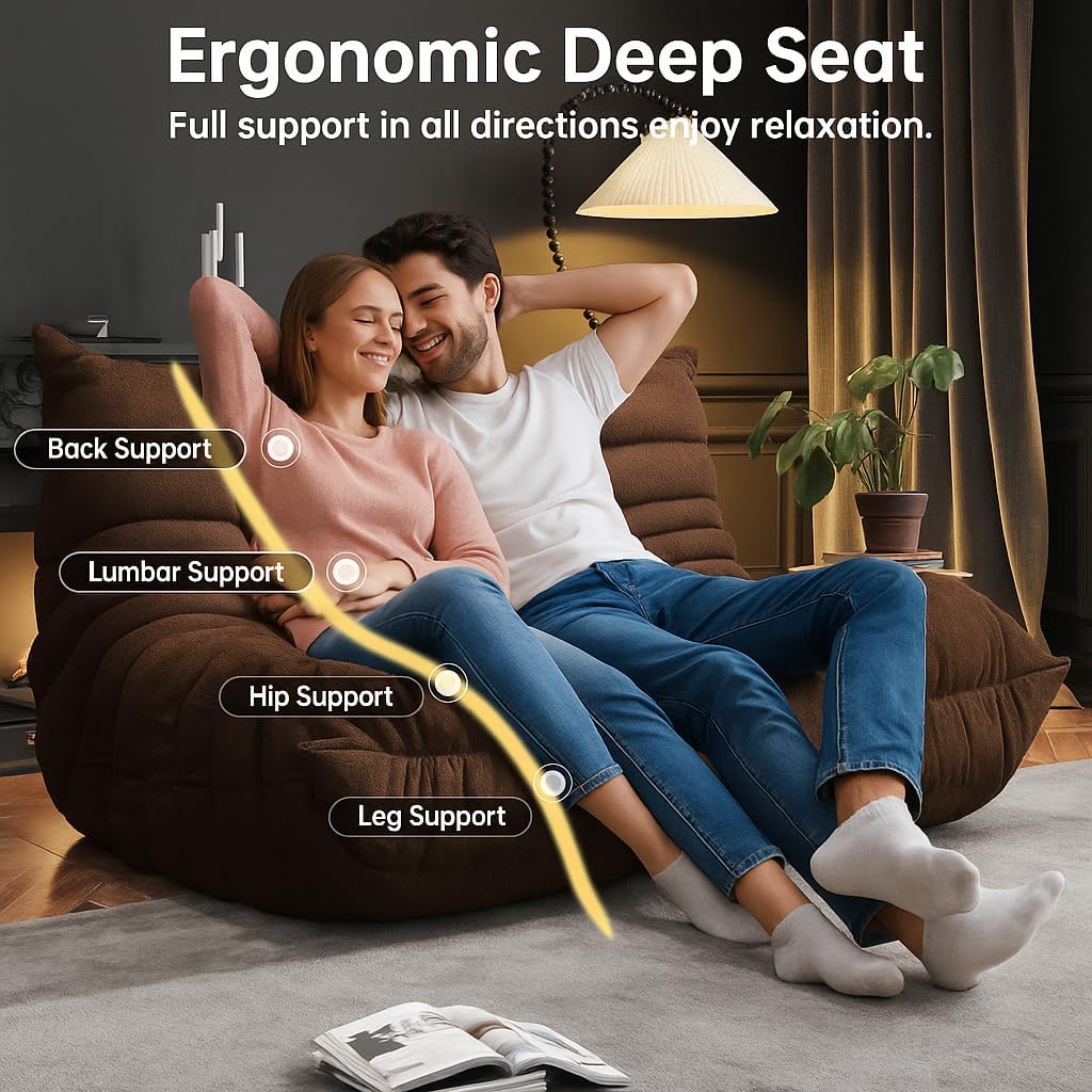 Bean Bag Chairs for Adults, Memory Foam Couch Loveseat Sofa Chair, Soft Teddy Material Cozy Comfy Reading Nook Chairs, Floor Chair for Living Room Bedroom Office(Coffee)