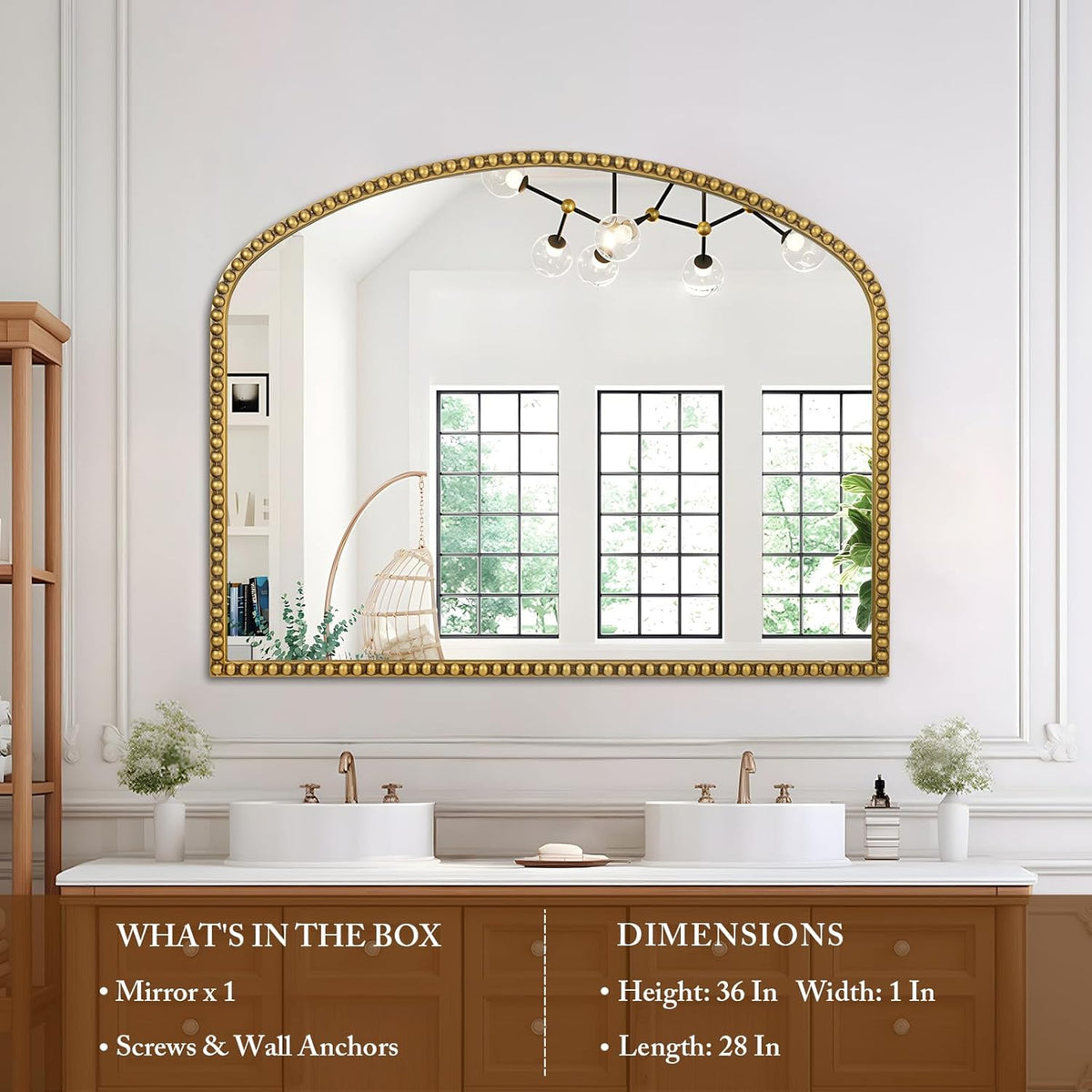 28"x36" Large Arch Wall Mirror, Decorative Beaded Frame Hanging Vanity Mirror for Dresser, Bathroom, Entryway, Bedroom, Mantel, Antique Gold