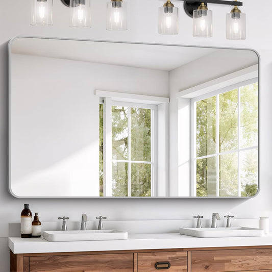FORBATH 60x36 Inch Silver Bathroom Mirror for Over Sink, Large and Wide Rectangular Wall Mirror with Metal Frame, Rounded Corners for Bathroom, Bedroom, Entryway Decor (Horizontal or Vertical)
