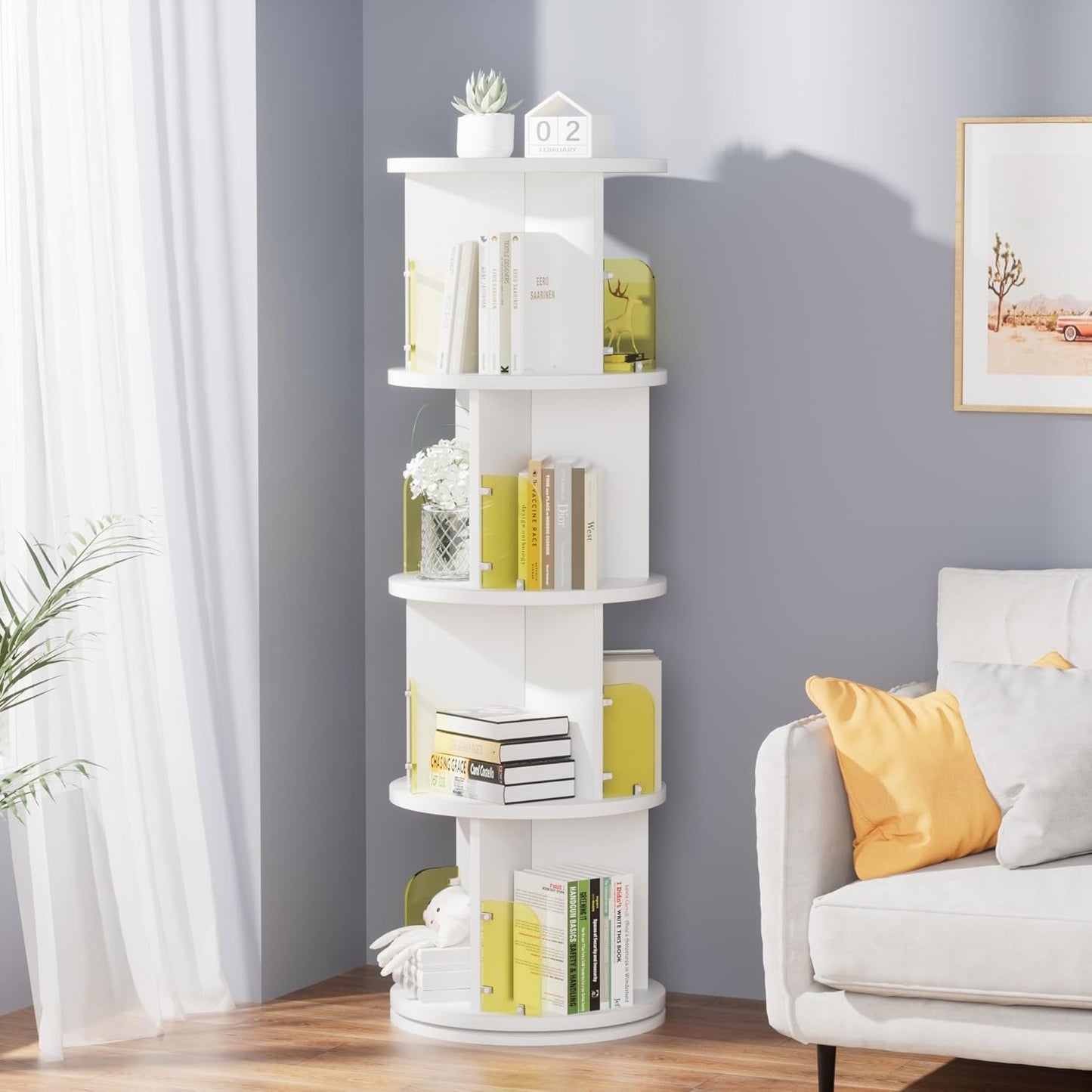 VECELO Rotating Bookshelf Tower, 360°Revolving Bookcase, Round Book Shelf Rotating, Stackable Storage Display Rack Floor Standing for Kids&Adults Solid Wood, White