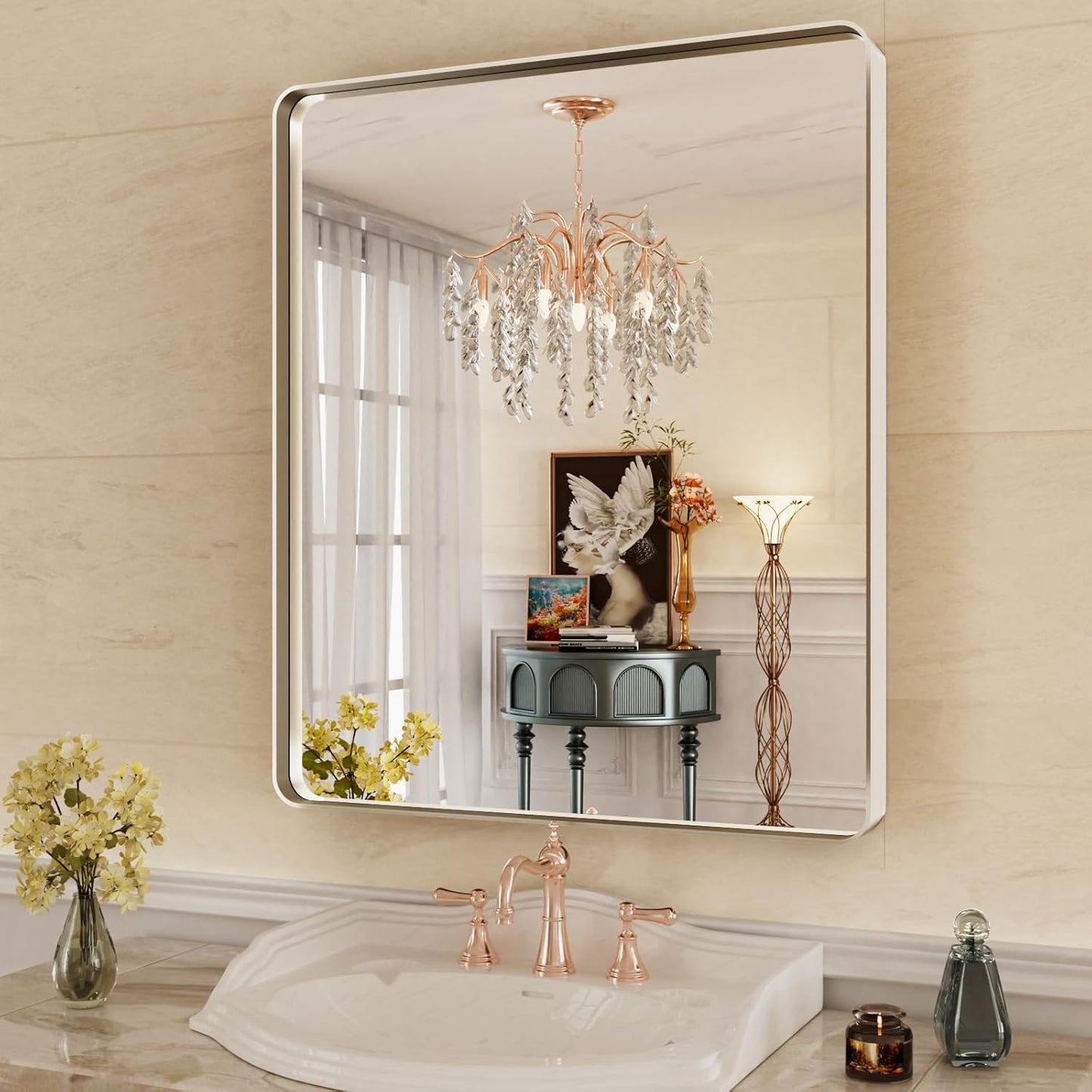 WEER 36X30 Inch Brushed Nickel Bathroom Mirror, Brushed Silver Metal Frame Mirror, Rounded Rectangle Silver Bathroom Vanity Mirror, Tempered Glass, Anti-Rust, Hangs Horizontally or Vertically