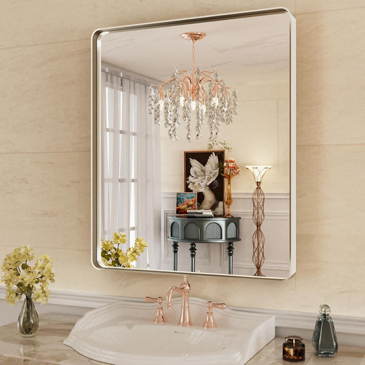 WEER 36X30 Inch Brushed Nickel Bathroom Mirror, Brushed Silver Metal Frame Mirror, Rounded Rectangle Silver Bathroom Vanity Mirror, Tempered Glass, Anti-Rust, Hangs Horizontally or Vertically