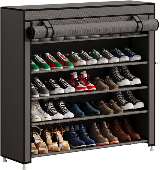 Calmootey 5 Tier Shoe Rack Organizer to Hold 25 Pairs, Portable Shoe Shelf with Nonwoven Fabric Cover for Closet Hallway, Bedroom, Entryway, Grey