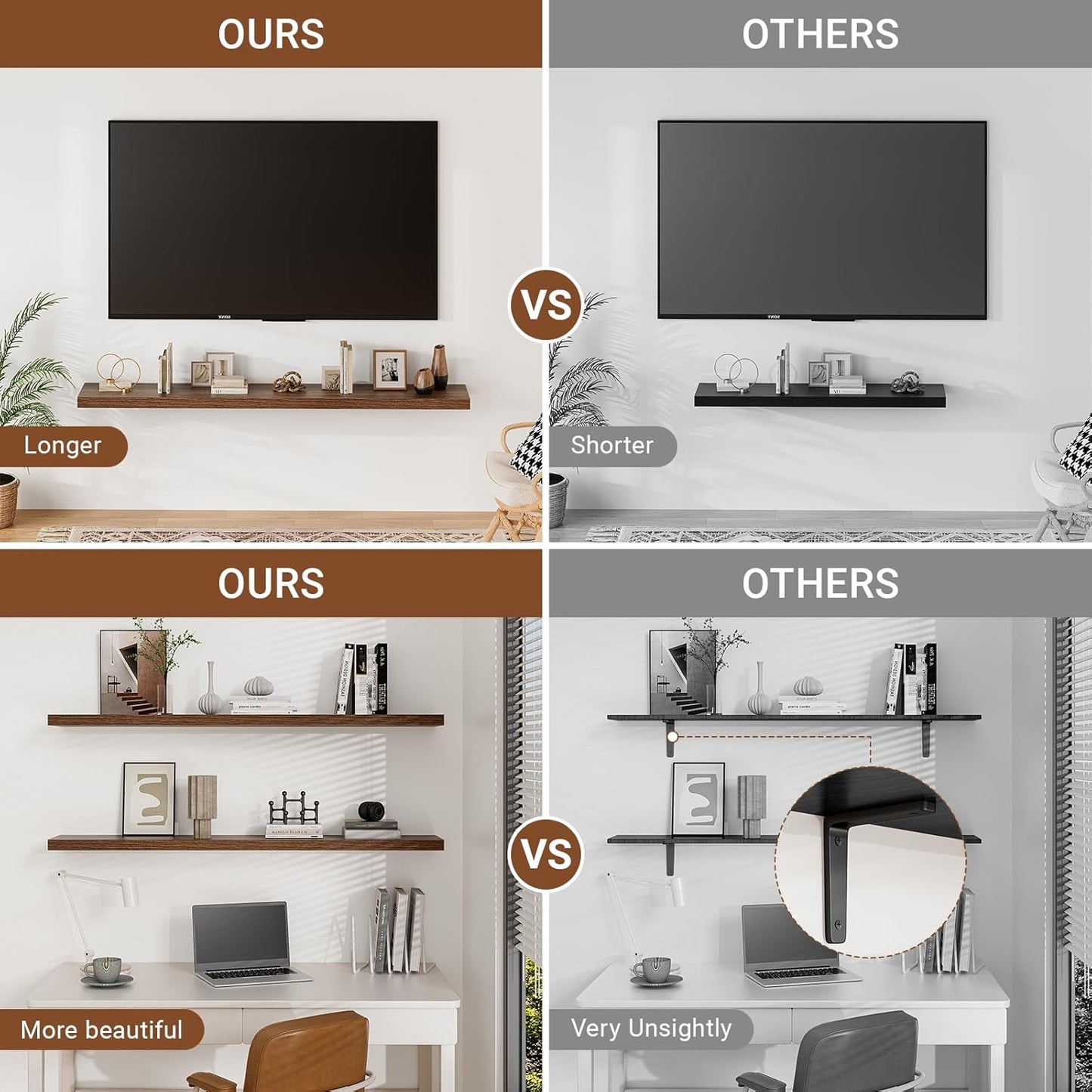 Heimlove 55 Inch Long Floating Shelves for Wall,9.3" Deep Walnut Floating Shelf Set of 2,Large Display Shelf & Storage Shelf,Wall Mounted Shelves for Bedroom Living Room Kitchen Office