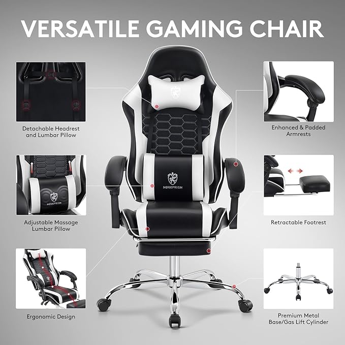 Gaming Chair,Computer Office Chair with Footrest,Massage Lumbar Support and Gel Pad,Ergonomic Reclining Adjustable Leather Gamer Chair with Headrest and Spring Cushion Black White