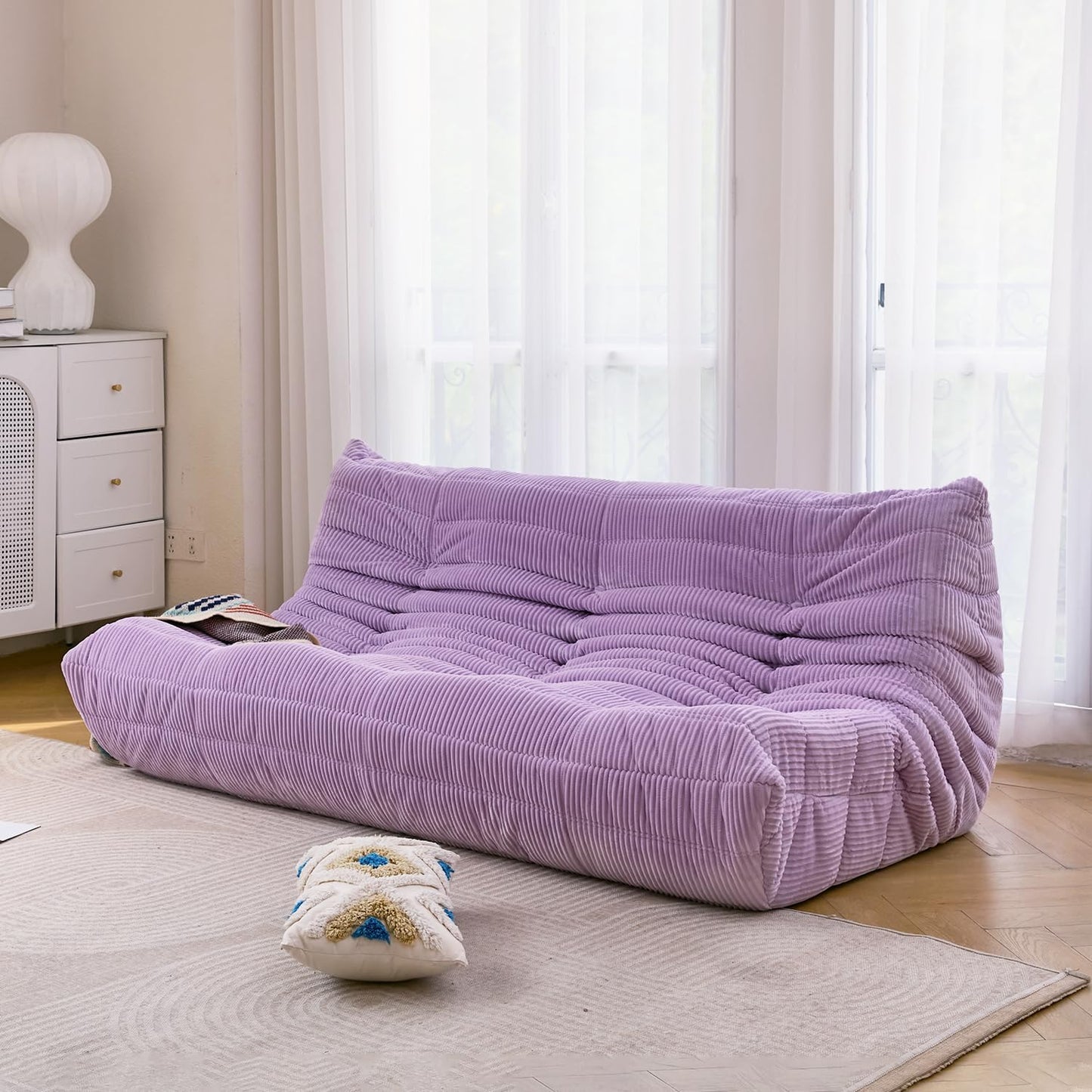 N&V Fireside Three Seater Sofa, Mid Century Armless Twin Size Floor Lounge Chair, Soft Premium Corduroy Accent Chair for Living Room, Bedroom (Lavender)