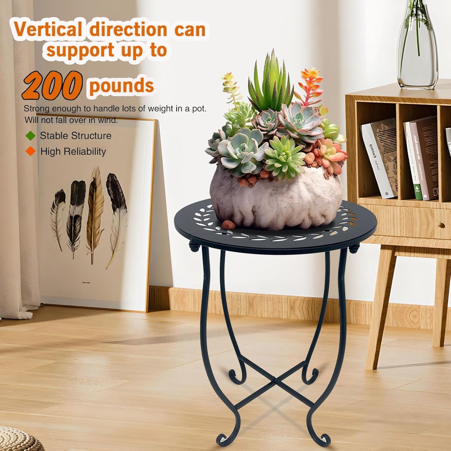 Round Side Table, 1 Pack 14 Inch Bedside Table for Living Room, Bedroom, Weather Resistant Black Metal Outdoor Side Table for Patio Balcony Yard Porch Garden, Plant Stand for Indoor Outdoor Use