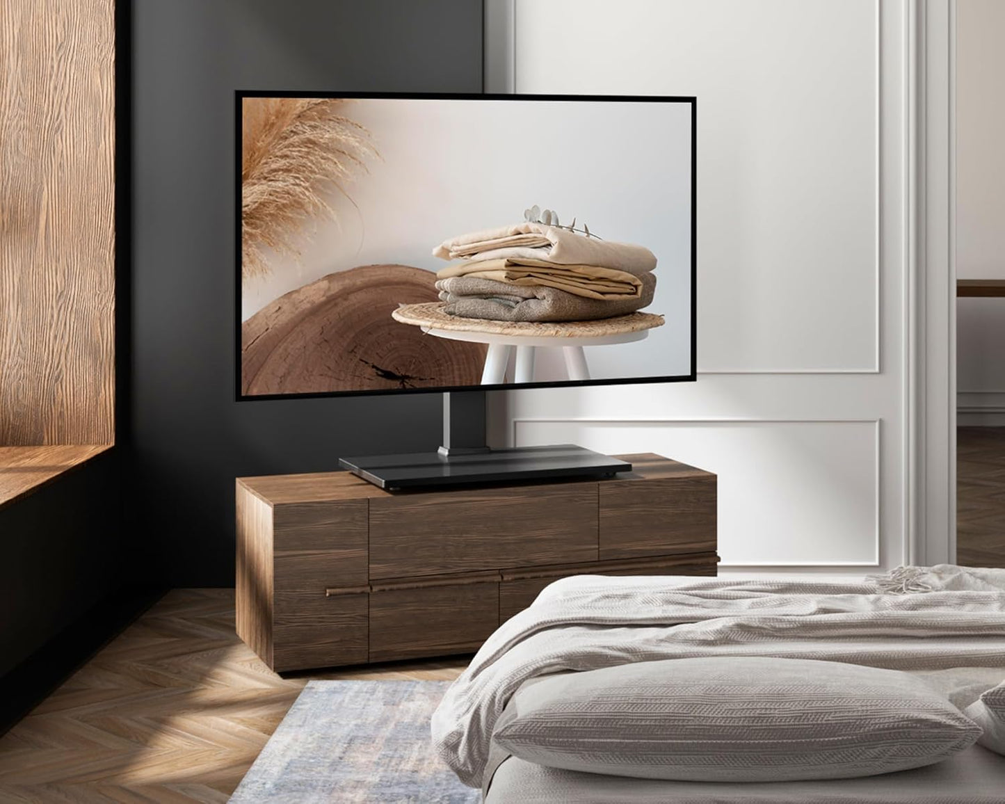 FITUEYES Universal TV Stand, Swivel TV Table Stands for 27-55 Inch Flat Screen, Tabletop TV Stand with Mount for Bedroom/Living Room, Height Adjustable, Holds up to 88 lbs, Glass Base, Black