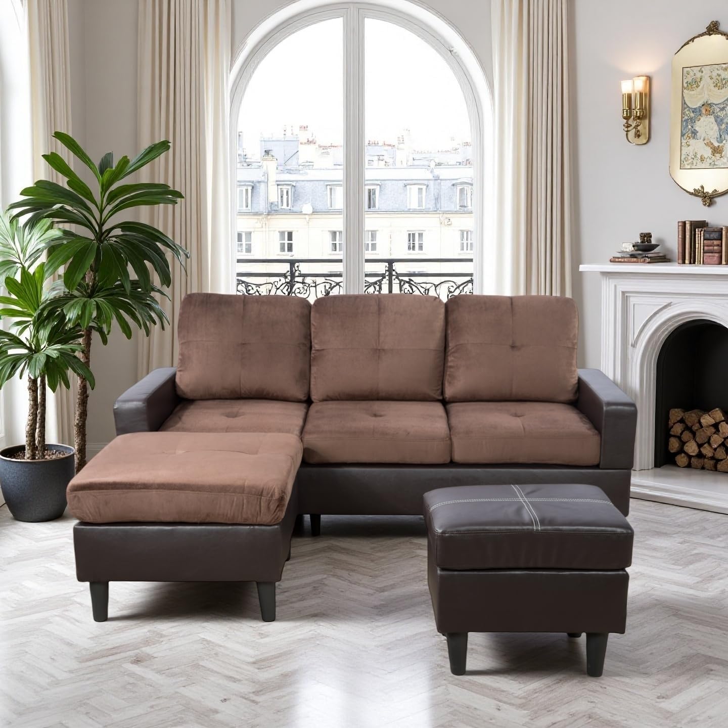 L Shaped Sofa with Ottoman, Modern Faux Leather Couch with Chaise, 3 Seat Living Room Sofa Set with Solid Wood, for Home, Apartment, Study Room, Brown Chocolate