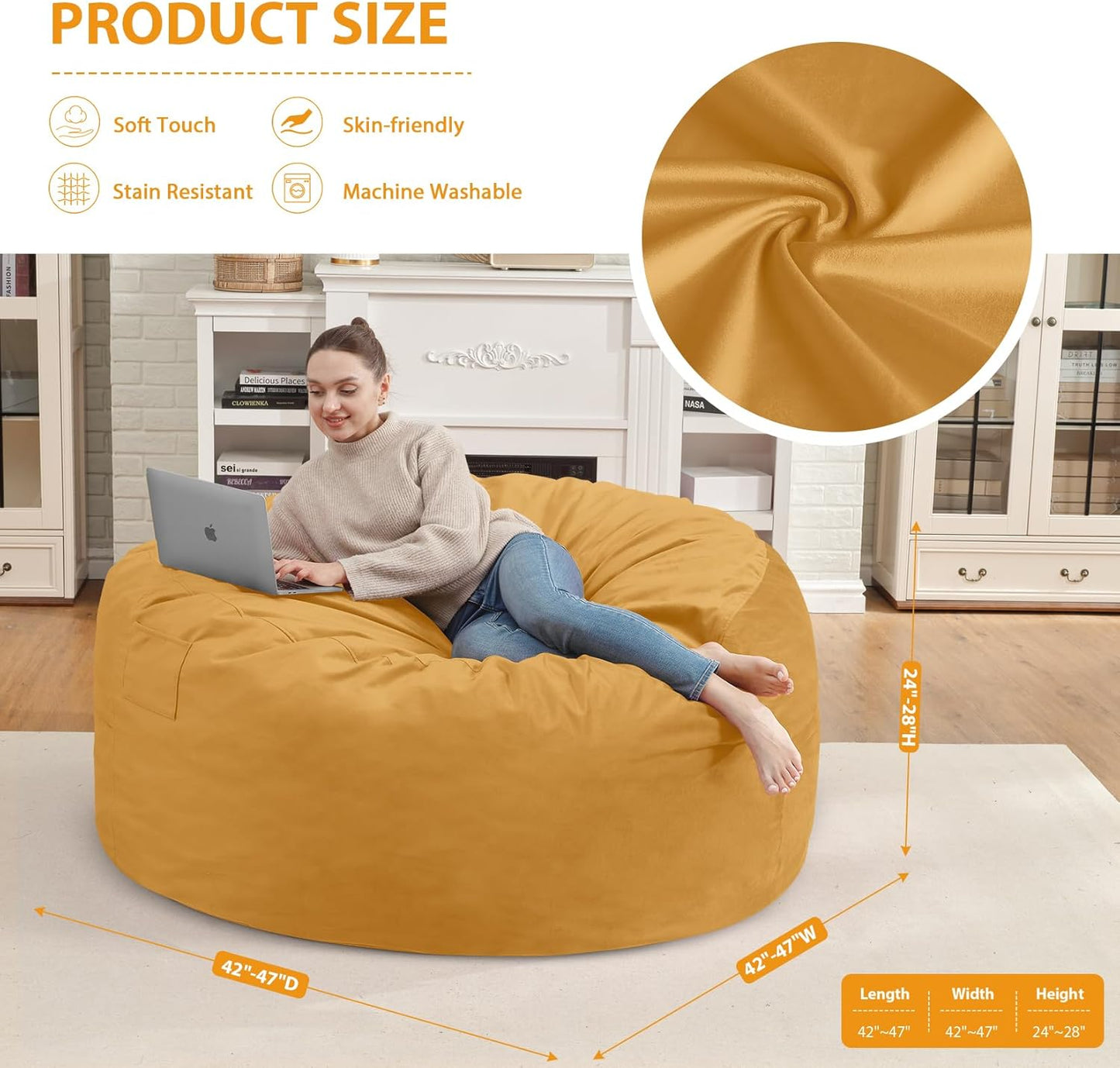 4FT Bean Bag Chair, Large Bean Bag Chairs with Memory Foam Filled, Fluffy Beanbag Sofa with Dutch Velvet Cover, Round BeanBag Chairs for Living Room, Playroom - Mustard