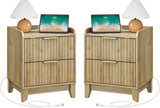Wnutrees Fluted Nightstand with Charging Station, Modern Bedside Table with 2 Drawers, Farmhouse Wooden End Side Table for Living Room, 2Pack, Natural