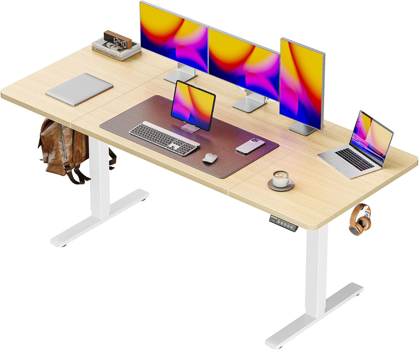 Huuger 63 x 28 Large Electric Standing Desk, Height Adjustable Computer Desk, 27.6" Deep Desktop, Stand up Gaming Office Table with 2 Hooks, 3 Preset Heights, for Home Office, Oak